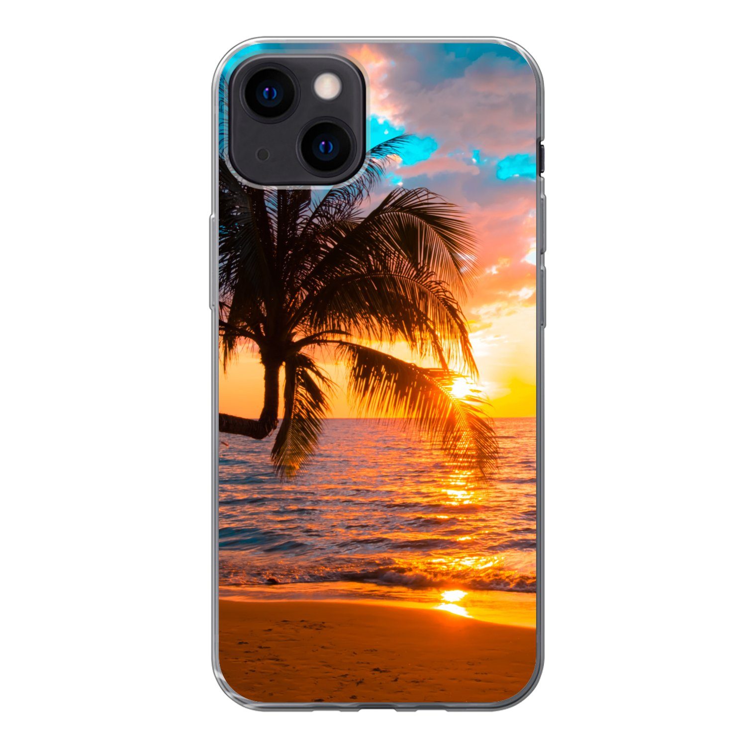 MuchoWow Handyhülle für Apple iPhone 13 Palme - Sonnenuntergang - Horizont - Strand - Meer, Smartphone-Bumper, Print, Handy Schutzhülle Dünn