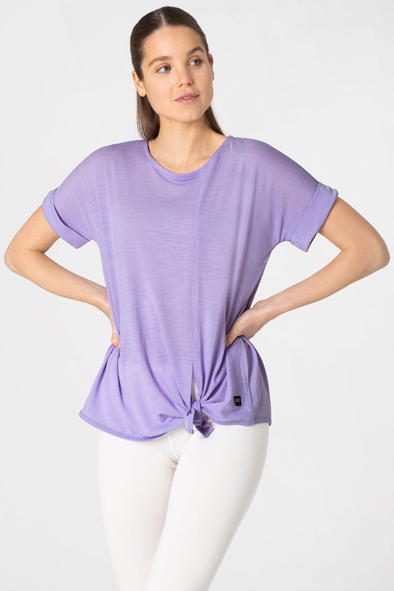 SUPER.NATURAL T-Shirt Merino T-Shirt W JP KNOT TEE mit Knoten-Detail am Saum, feinster Merino-Materialmix Lavender
