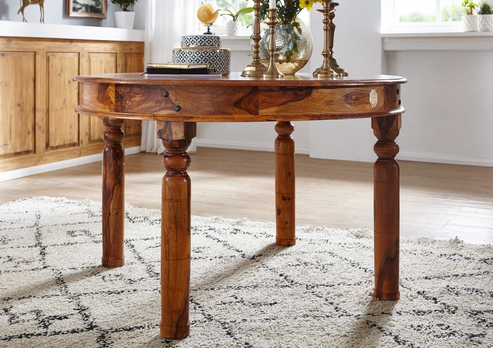 Massivmoebel24 Esstisch OXFORD (Massivholz, Massivholztisch), Esstisch rund Akazie 140x140x76 honig lackiert OXFORD #0333