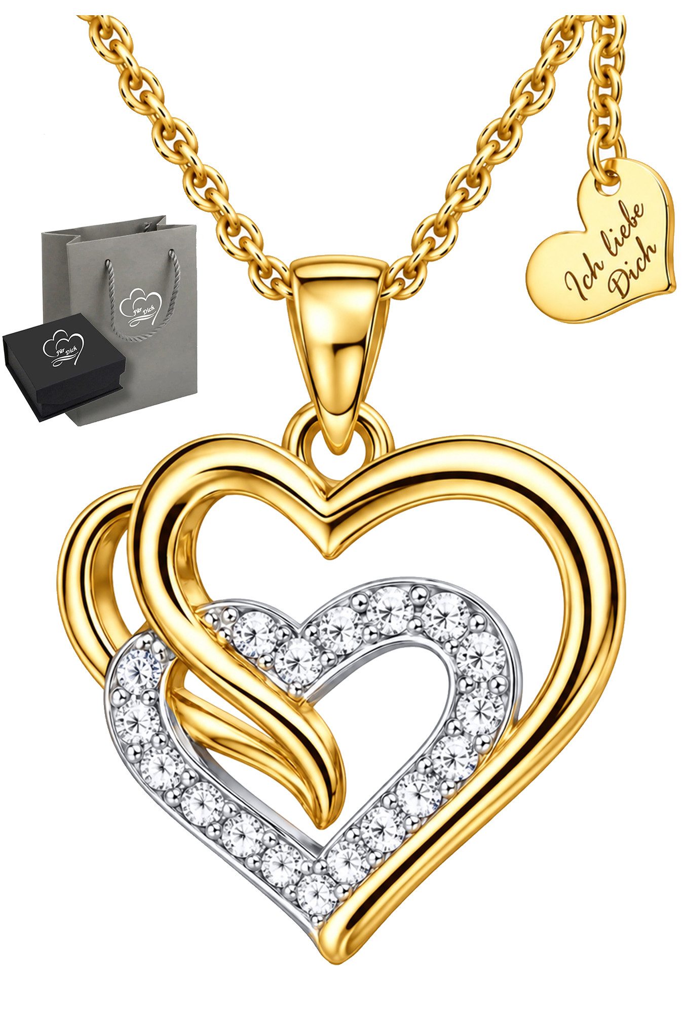 Limana Herzkette Ich liebe Dich Damen Kette mit Herz Anhänger 925 Silber gold vergoldet (Schmuck Geschenk für Freundin Frau inkl. Dose und Tasche), Jahrestag Geburtstag Weihnachten Valentinstag Hochzeitstag Muttertag