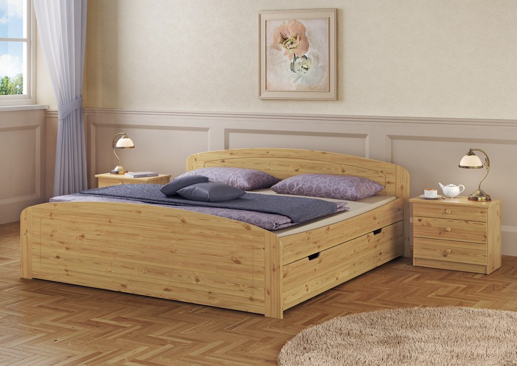 ERST-HOLZ Massivholzbett Überlanges Holzbett 200 cm x 220 cm Doppelbett Geräumige Staukästen, Kiefer farblos lackiert