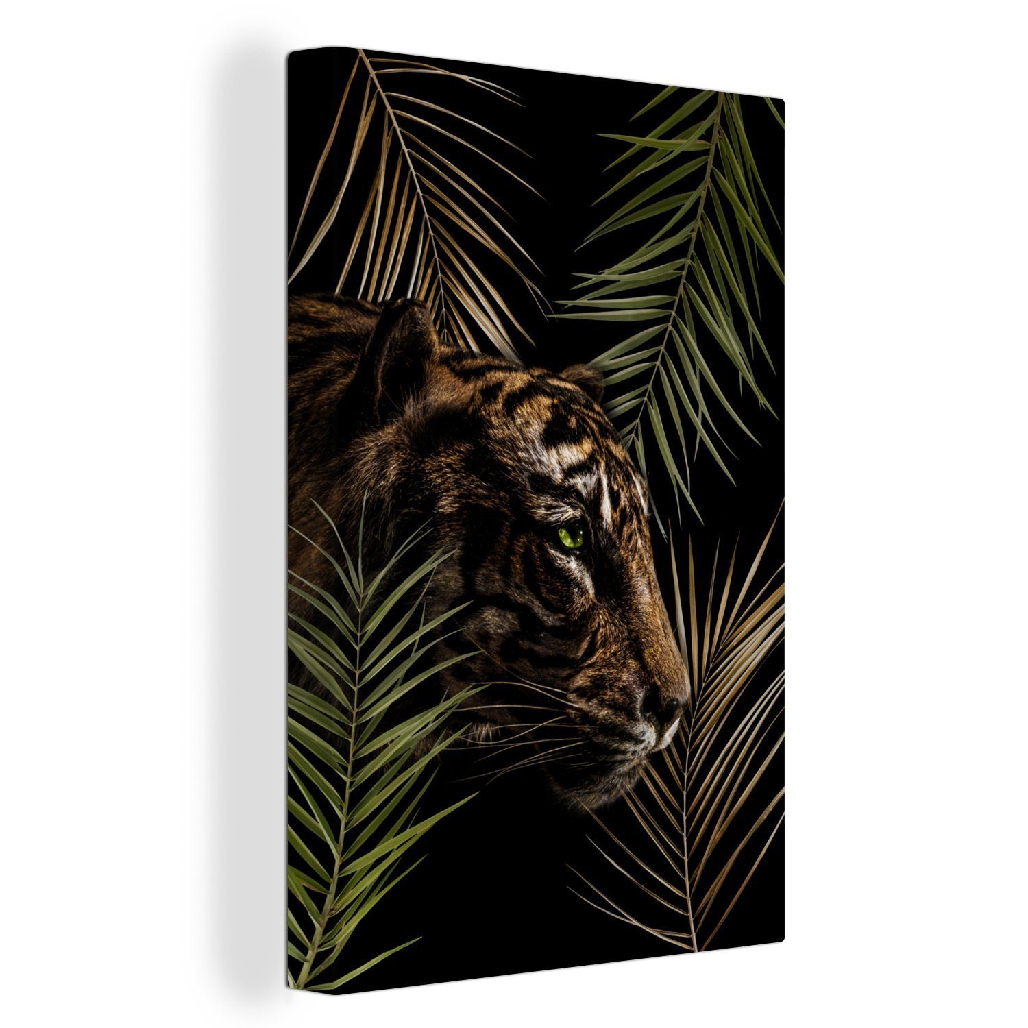 OneMillionCanvasses® Leinwandbild Tiger - Pflanzen - Palme, (1 St), Leinwandbild fertig bespannt inkl. Zackenaufhänger, Gemälde, 20x30 cm