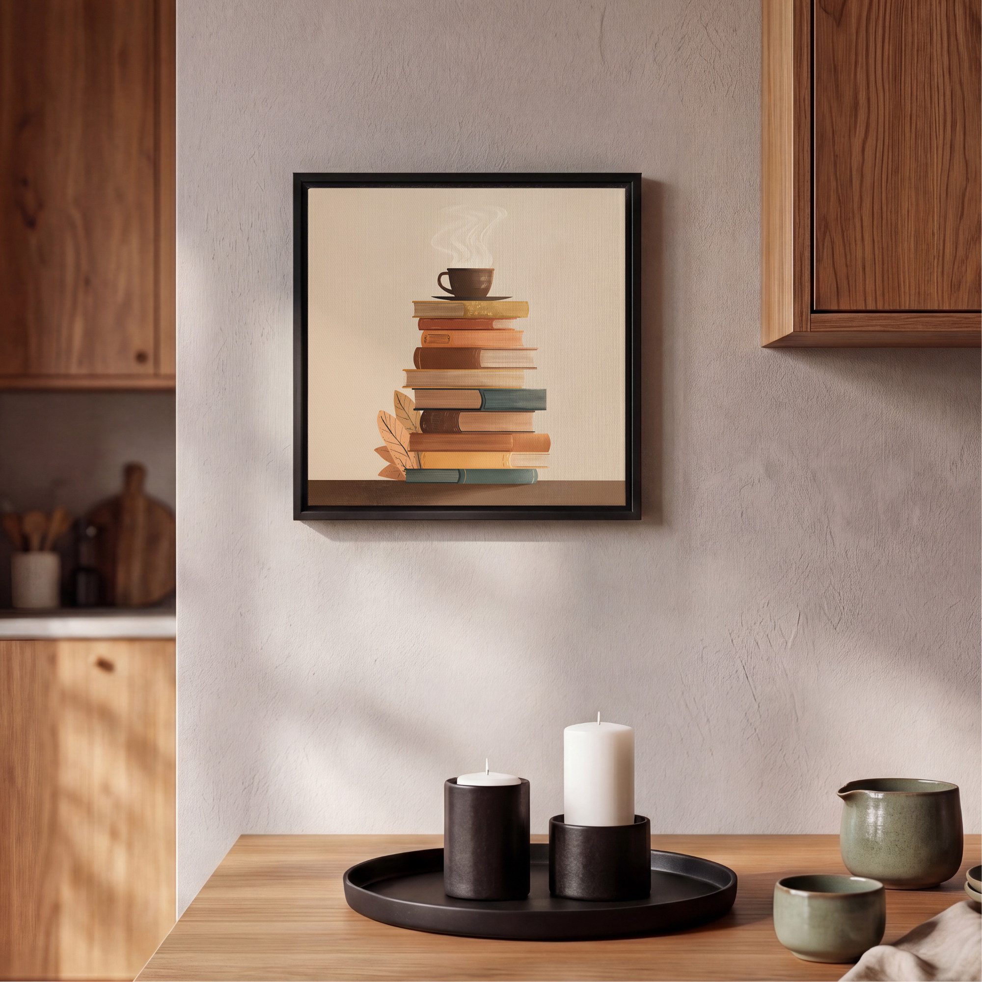 OneMillionCanvasses® Leinwandbild mit Rahmen - Bücher - Turm - Kaffee - Beige, Fotodruck (1 St), Leinwand Bilder Klein, Wand Dekoration Aesthetic 20x20cm – Bild 2 von 5