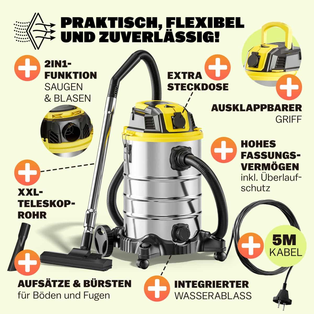 monzana Industriesauger, Nass &- Trockensauger 1200W Blasfunktion 30L Behälter 1000W Steckdose