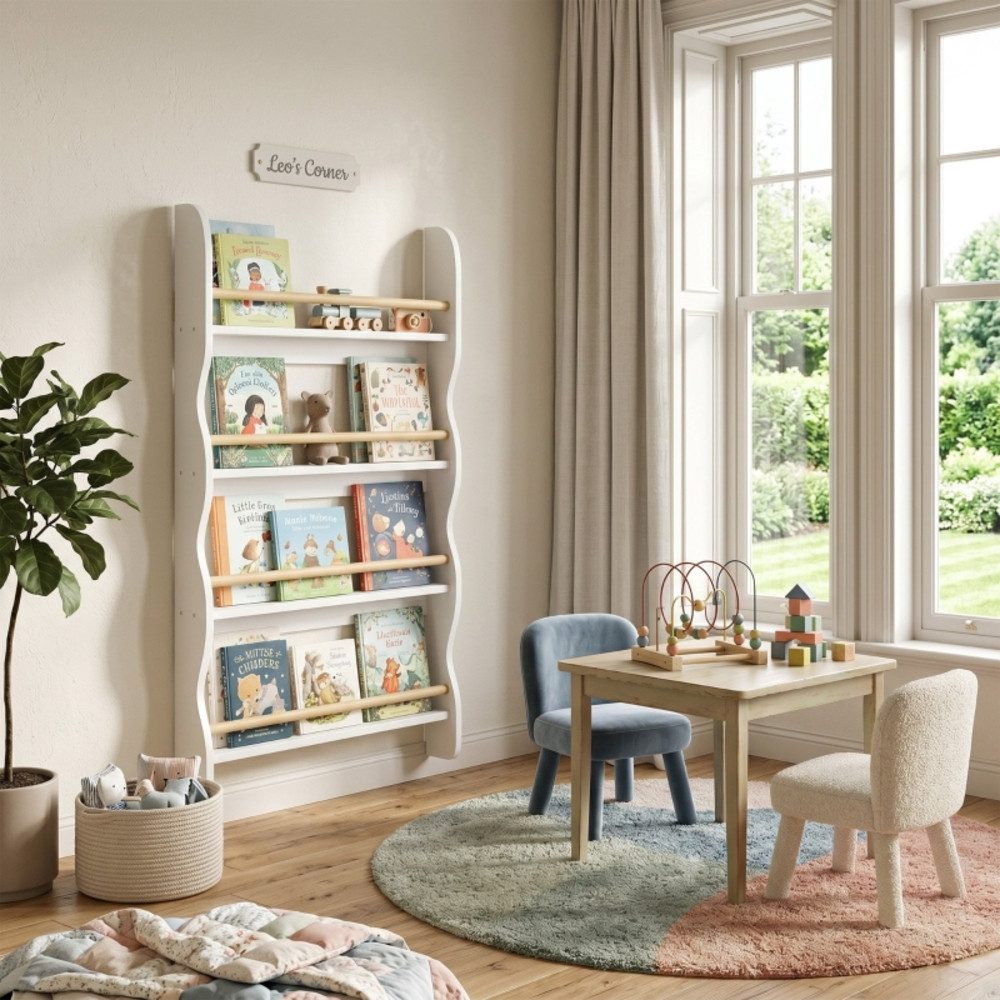 OKWISH Bücherregal Kinderregal Wandmontage mit 4 Fächern, 60x10x98 cm Weiß, Packung 1-tlg., Montessori Regal mit Kippschutz für Kinderzimmer