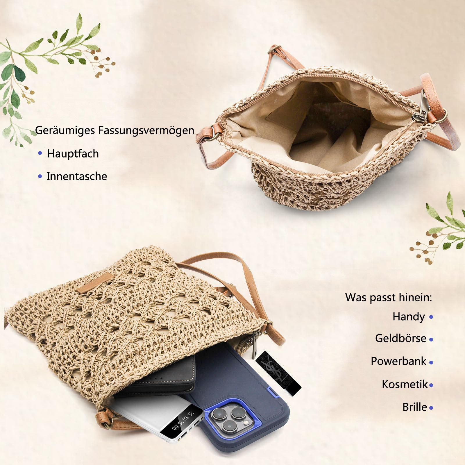 Zaewry Umhängetasche Schultertasche Sommerliche Strohtasche für Damen, kleine Strandtasche, mit Reißverschluss und verstellbarem Riemen – Bild 3 von 5