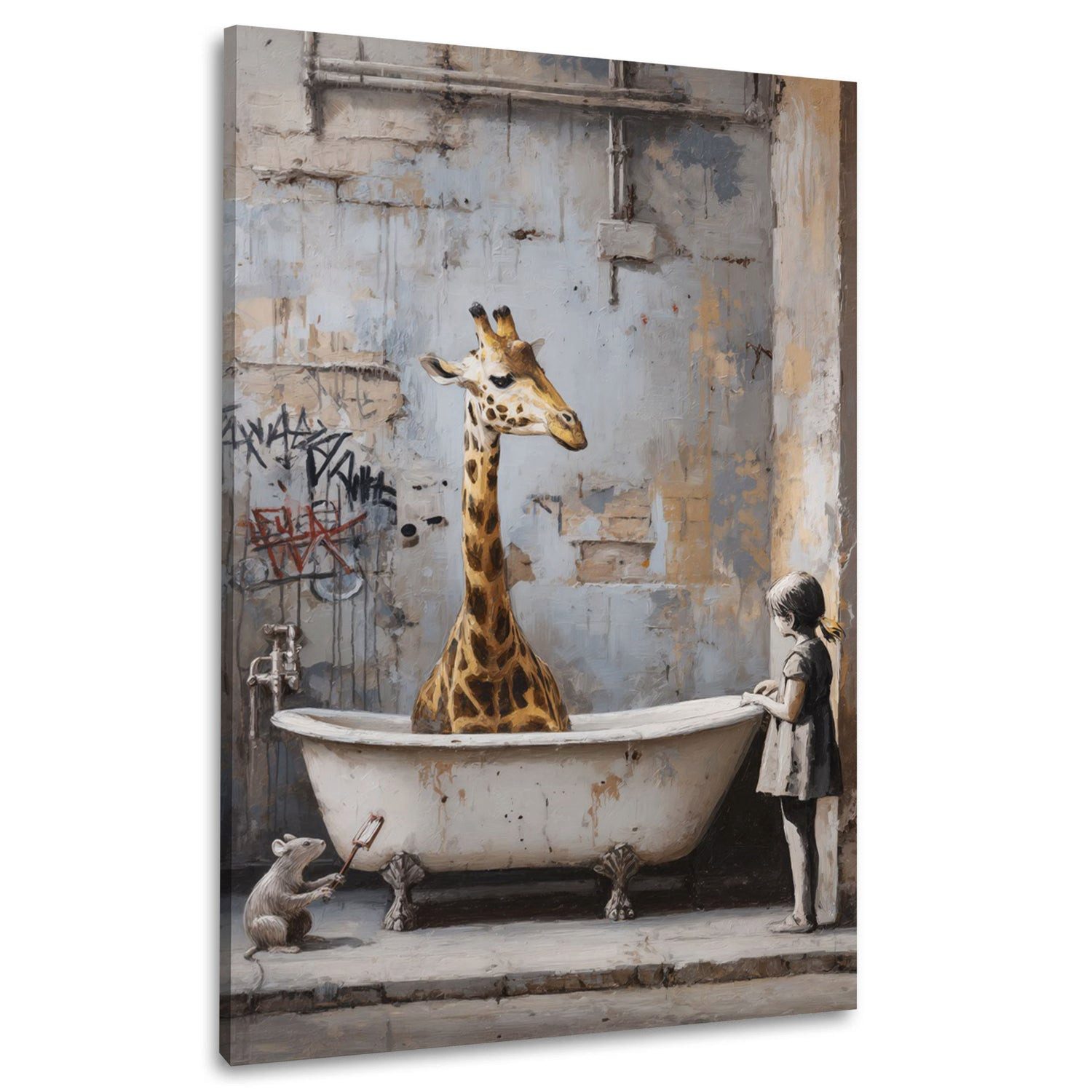 Artedinoi Leinwandbild Graffiti Kunst Mädchen vor Badewanne Wandbild Leinwandbild Kunstdruck, Mädchen vor Badewanne, Graffiti