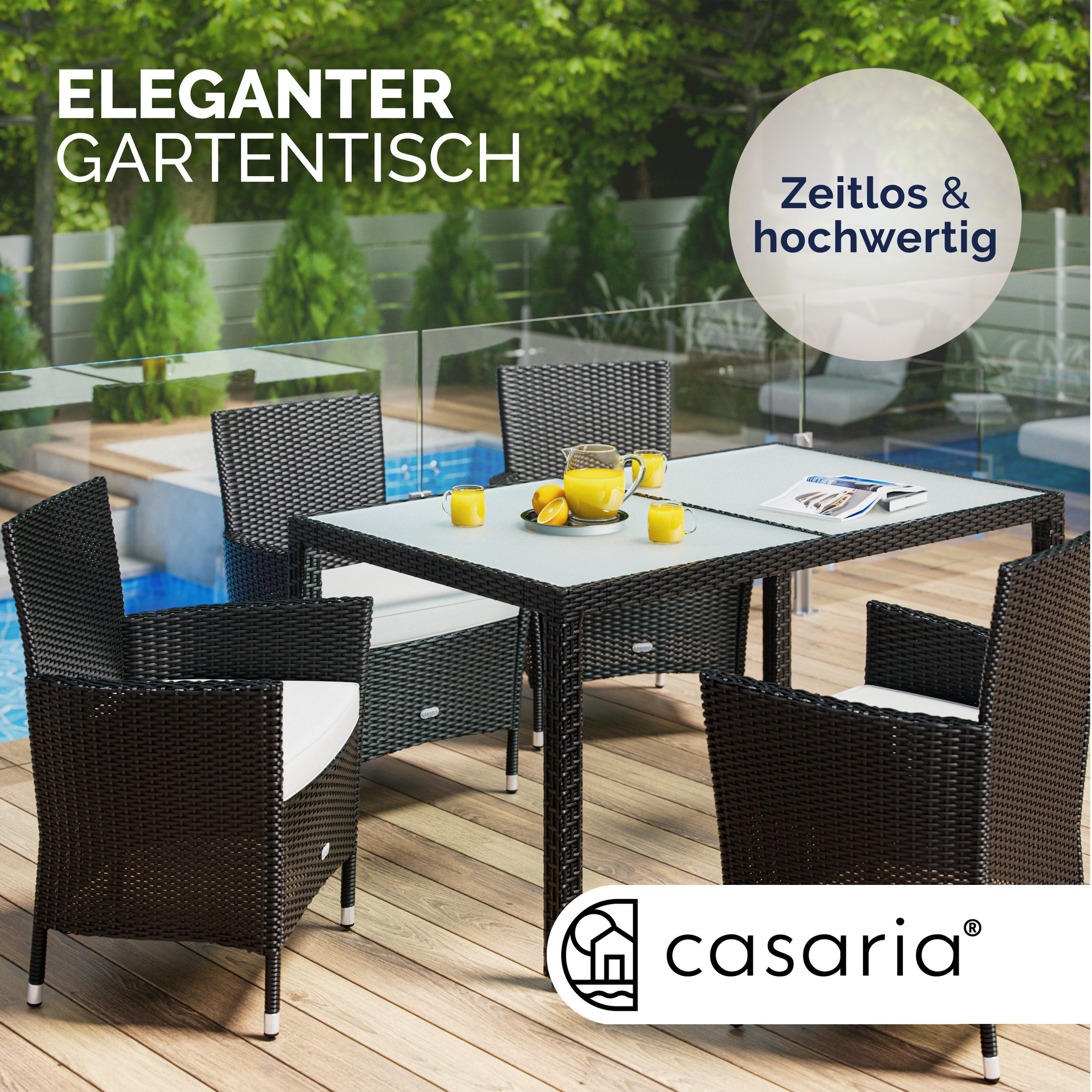 Casaria Gartentisch, Wetterfest 150x90cm Polyrattan Höhenverstellbar 5mm Sicherheitsglas