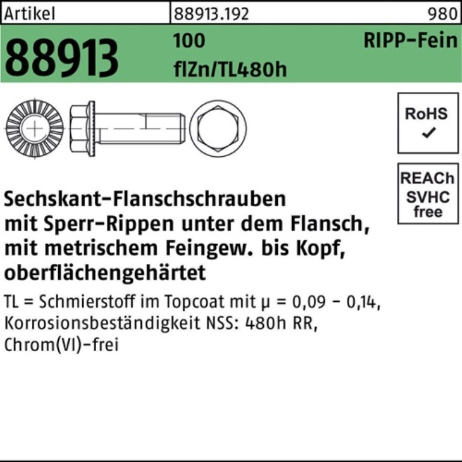 Reyher Schraube 100er Pack Sechskantflanschschraube R 88913 Sperr-Ripp VG M14x1,5x30 1