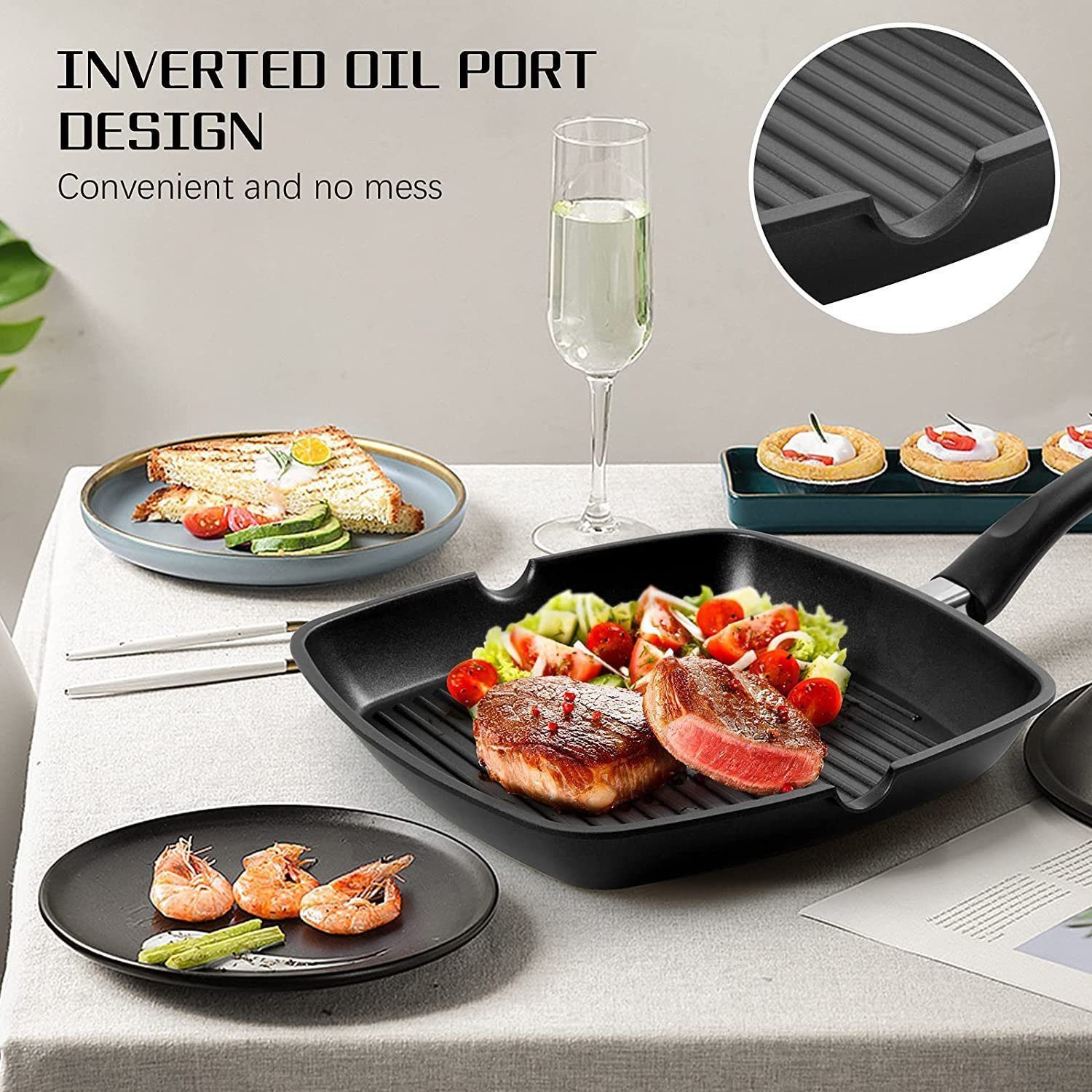 SunJas Grillpfanne Steakpfanne 28x28 cm mit Griff,Antihaftbeschichtet, Aluminium (für alle Herdarten inklusive Induktion), leicht zu reinigen – Bild 4 von 5