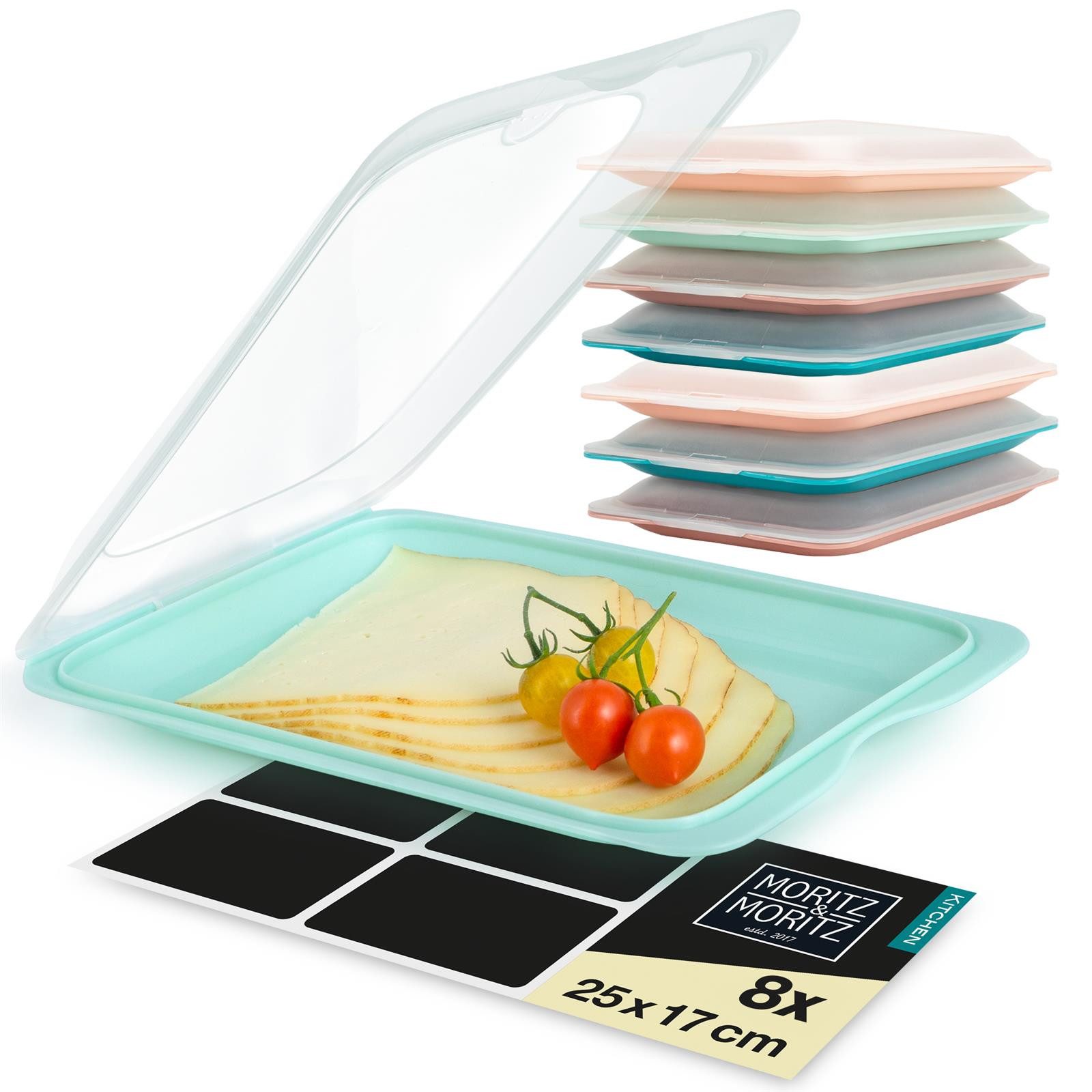 Moritz & Moritz Frischhaltedose 8er Set Aufschnittbox stapelbar - Frischhaltedosen bunt, Kunststoff, (Set, 8-tlg., Set), Inkl. 8 Sticker, mit Deckel für Optimales Frischhalten