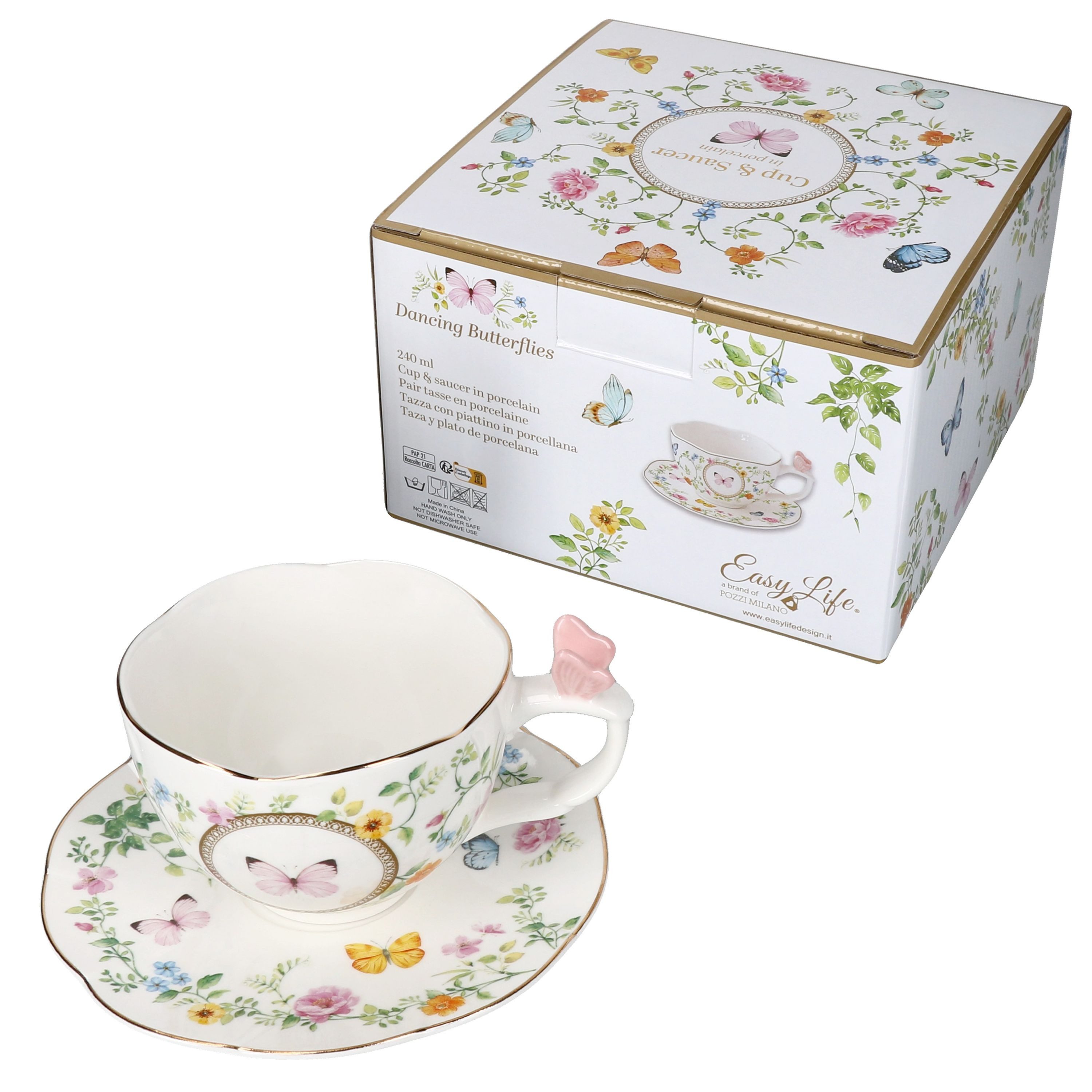 MamboCat Tasse MamboCat Dancing Butterflies Tasse mit Untertasse Porzellan Goldrand, Porzellan