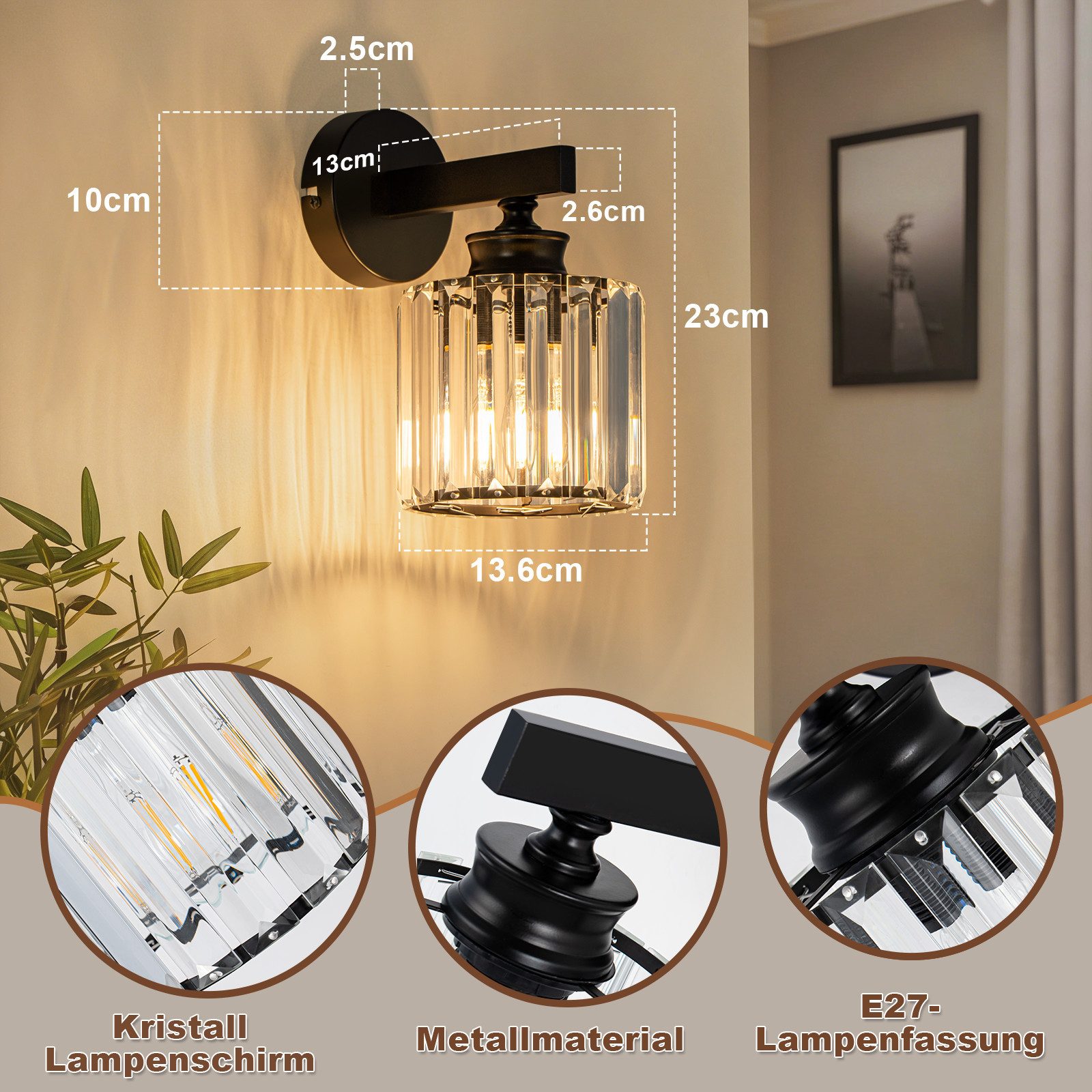 Nettlife Wandleuchte Kristall moderne Wandlampe E27 Wandbeleuchtung als Nachttischlampe, ohne Leuchtmittel, für Schlafzimmer, Wohnzimmer, Flur, Treppenhaus