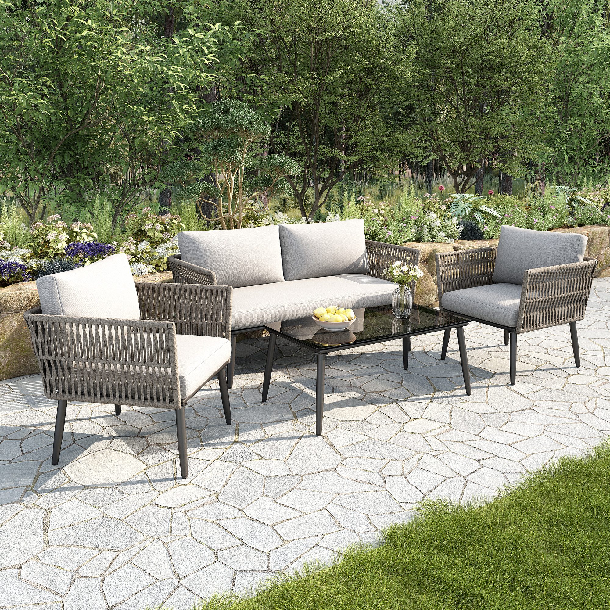 Flieks Gartenlounge-Set, 4-Sitzer Seil Gartenmöbel, Doppelsofa 2 Sessel & Tisch mit Glasplatte