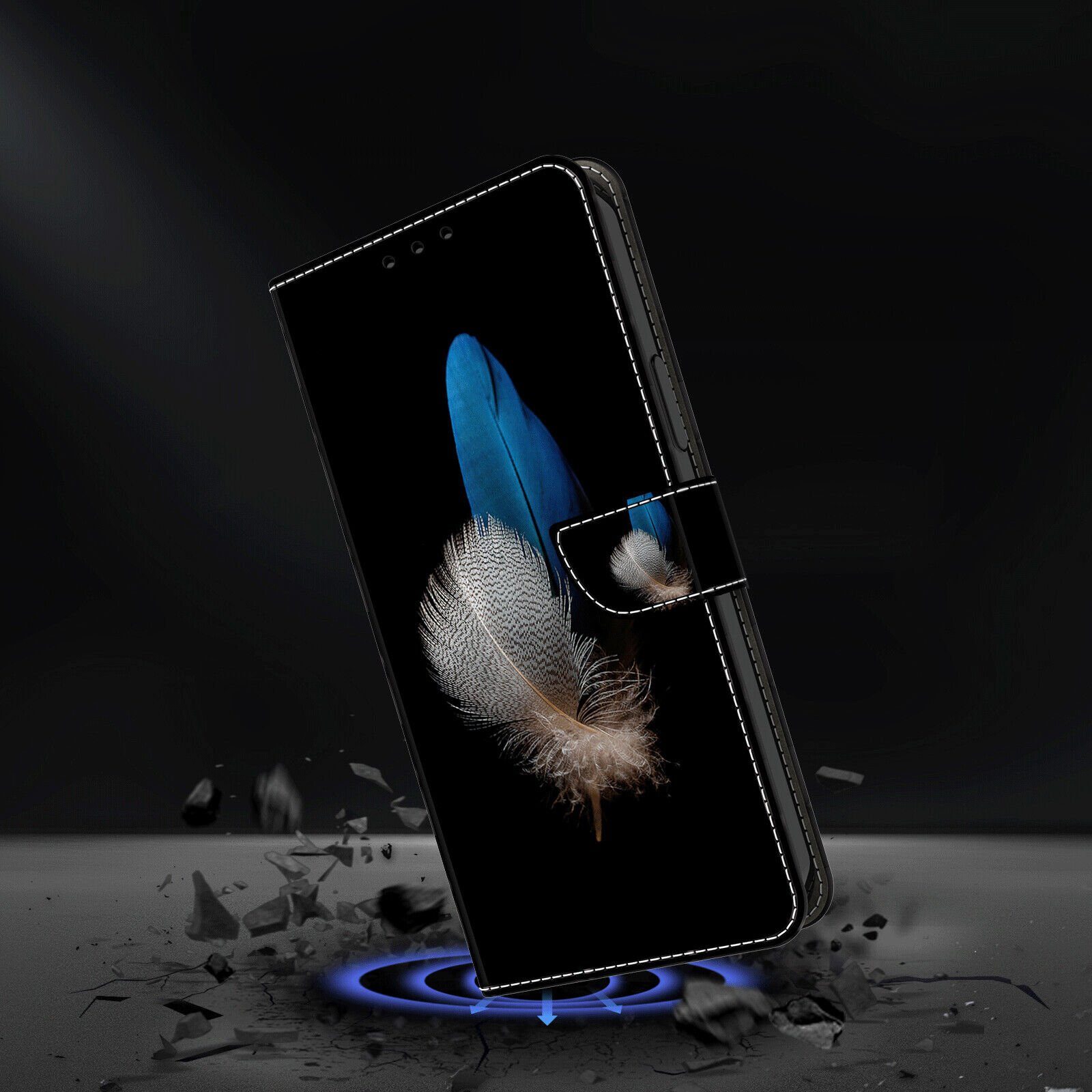 CLM-Tech Handytasche für Samsung Galaxy A57 5G Klapphülle aus PU Leder (zwei Federn blau und weiß, 1-tlg., Flip Case), Magnetverschluss, Standfunktion und Karte – Bild 5 von 5