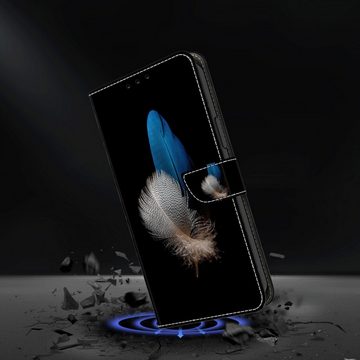 CLM-Tech Handytasche für Samsung Galaxy A25 5G Hülle Tasche aus Kunstleder Klapphülle (zwei Federn blau und weiß, Handyhülle mit Standfunktion - Wallet Flip Case inklusive Kartenfächer), - Cover Etui mit Magnetverschluss - Galaxy A25 5G Schutzhülle