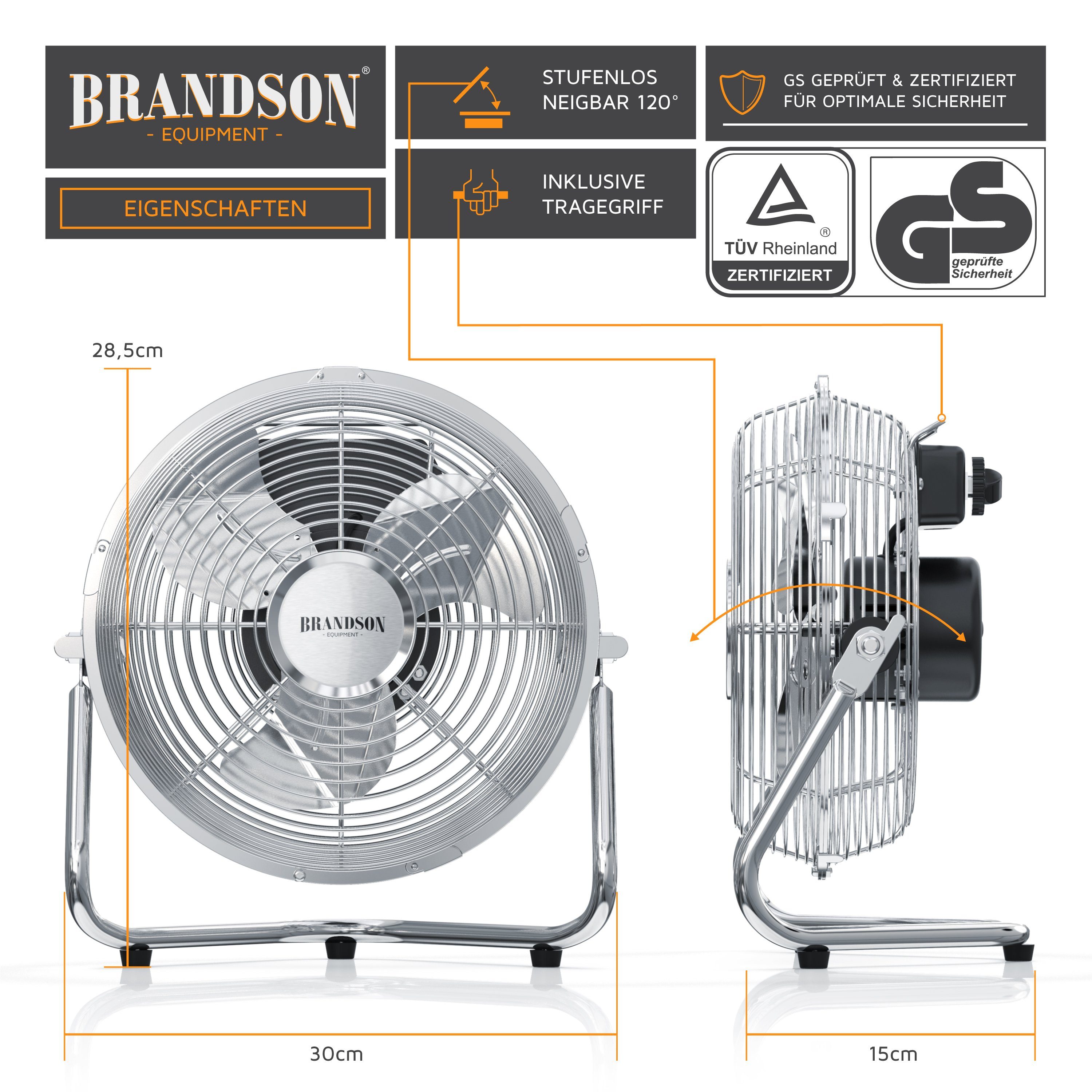 Brandson Windmaschine, 23,5 Design, cm Durchmesser, Chrom Ventilator-Kopf, Metall, neigbarerer Lüfter