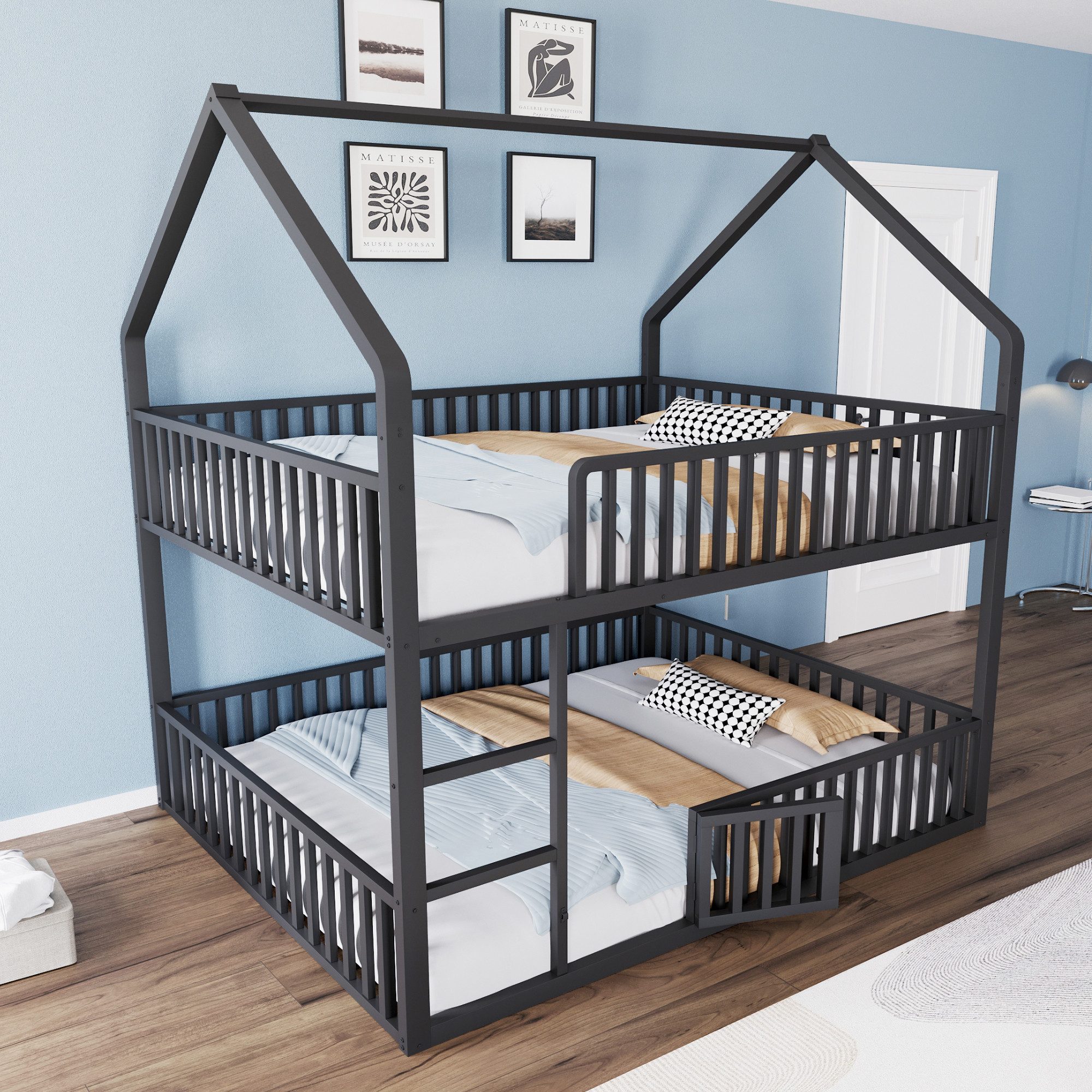 MODFU Etagenbett mit Hochbett-Design, Unteres Familienbett multifunktional (Metallbett mit Tür, Treppe, Kinderbett 140x200 cm), ohne Matratze