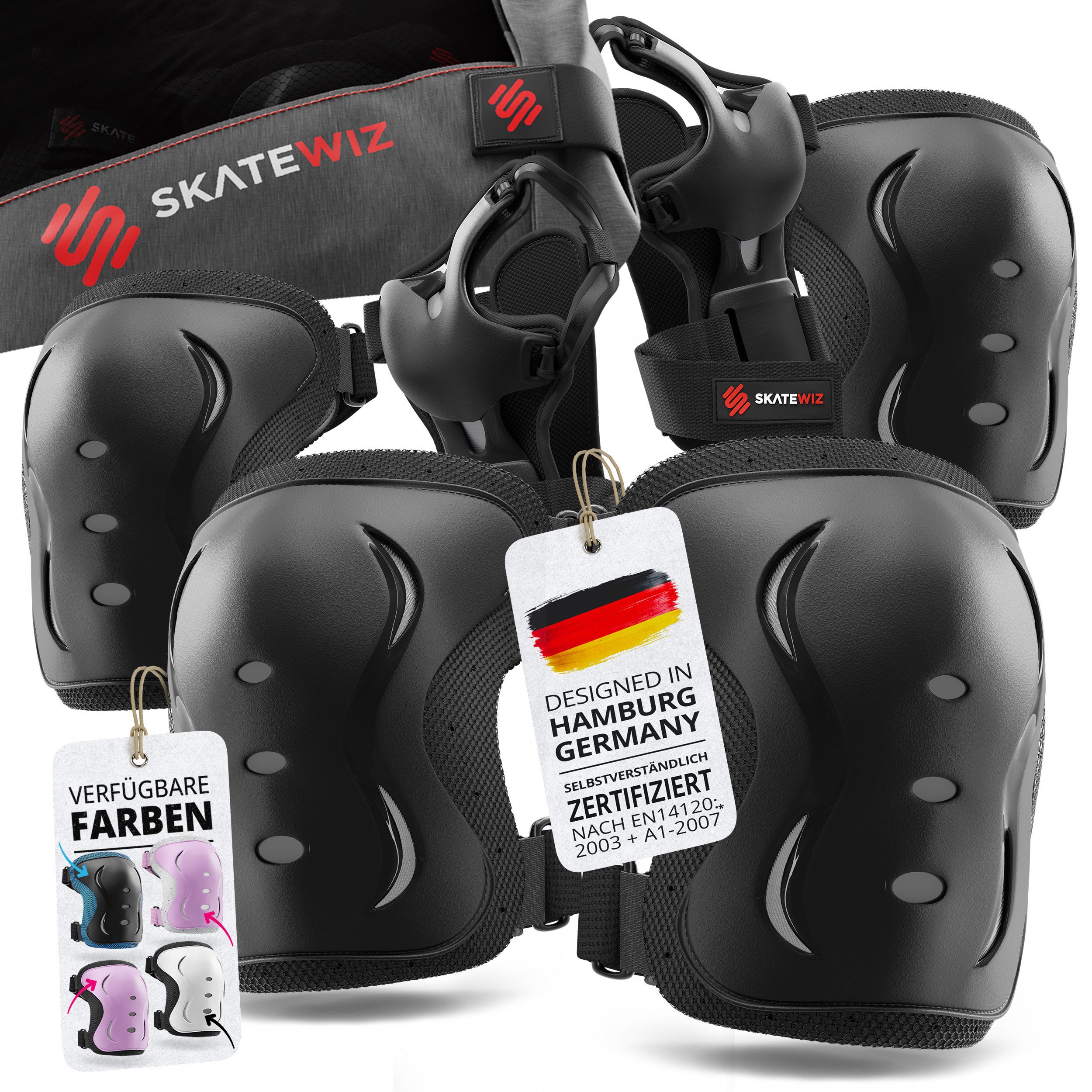 SKATEWIZ Protektoren-Set Schoner Inliner Geschenke für Kinder Knieschoner Erwachsene (Schützer Set Inliner skates Kinder und Rollschuhe, 6-tlg., Knieschoner Kinder - Inliner Schoner Erwachsene Schützer Inliner), Skateboard Schutzausrüstung Schlittschuhe S