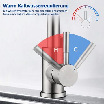 Synlyn Küchenarmatur 360° Edelstahl Hochdruck Wasserhahn Spültischarmatur mit hohem Auslauf Hochpräzise Keramikkartusche, wassersparend, pflegeleicht