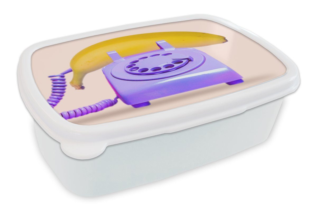 MuchoWow Lunchbox Banane - Telefon - Lila - Gelb, Kunststoff, (2-tlg), Brotbox für Kinder und Erwachsene, Brotdose, für Jungs und Mädchen weiß