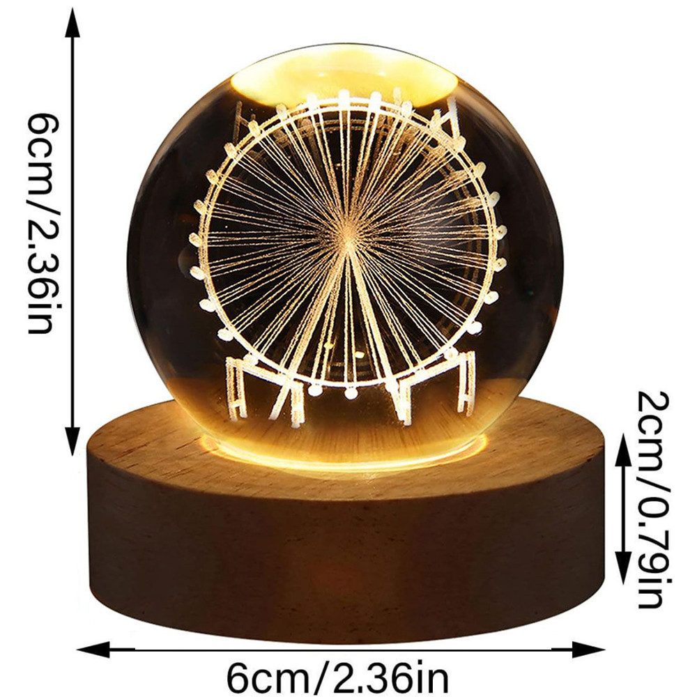 PRIISF LED Dekolicht 3D-Kristallkugel Nachtlicht Leuchtende Nachttischlampe Geschenk Lampe, LED fest integriert, Warmweiß, Gravur im Inneren Galaxie Tischlampe Heimdeko Holzsockel Lampe Ø6cm