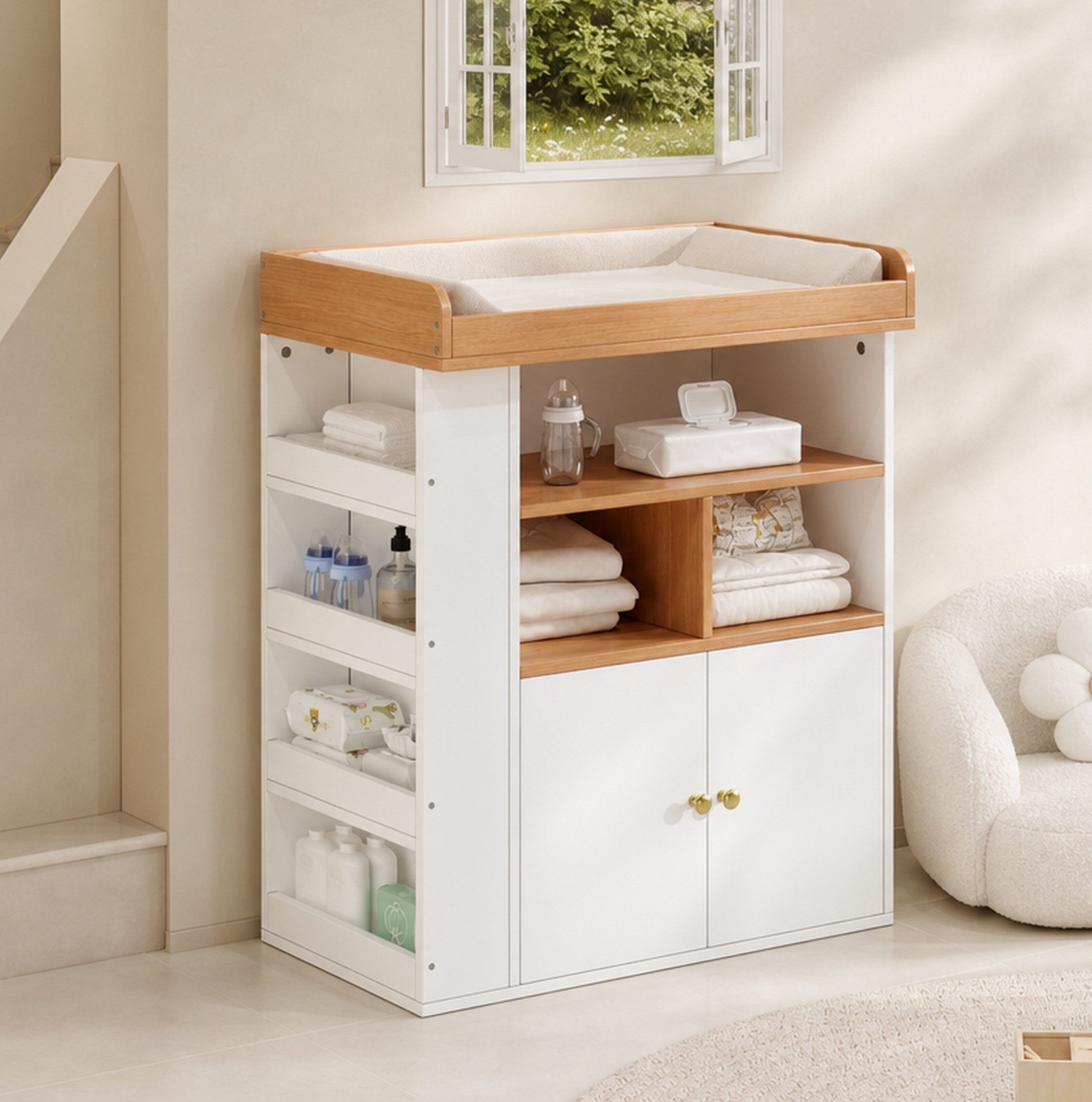 REDOM Wickelkommode Design-Wickelmöbel – 2-in-1, abnehmbar & vielseitig, Weiß+Natur, Schubladen, stabil, praktisch, 82×50×100 cm