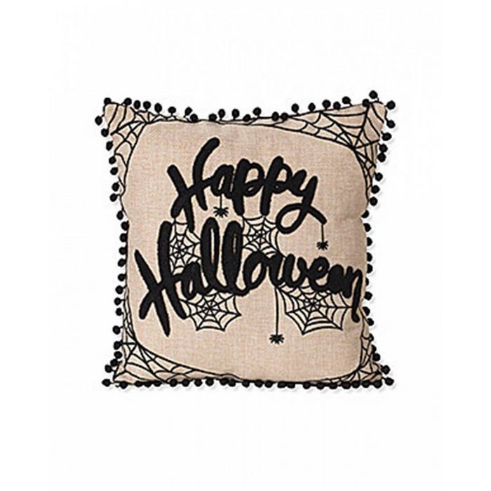 Horror-Shop Dekofigur Happy Halloween Spinnweben Kissen mit Mini Pompons