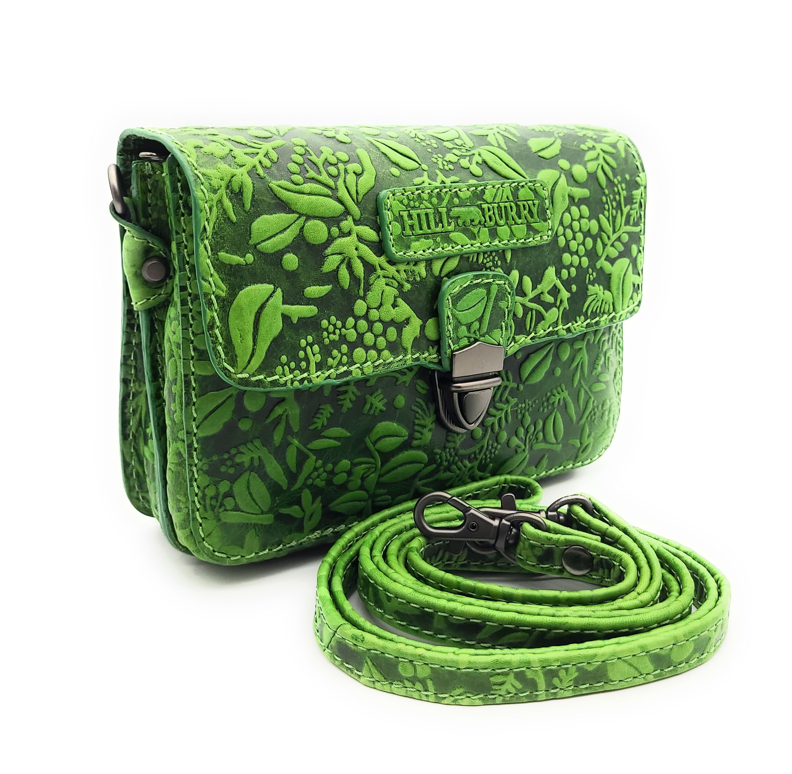 Hill Burry Gürteltasche Bauchtasche aus dickem Rindsleder, floral geprägt, mit Schultergurt