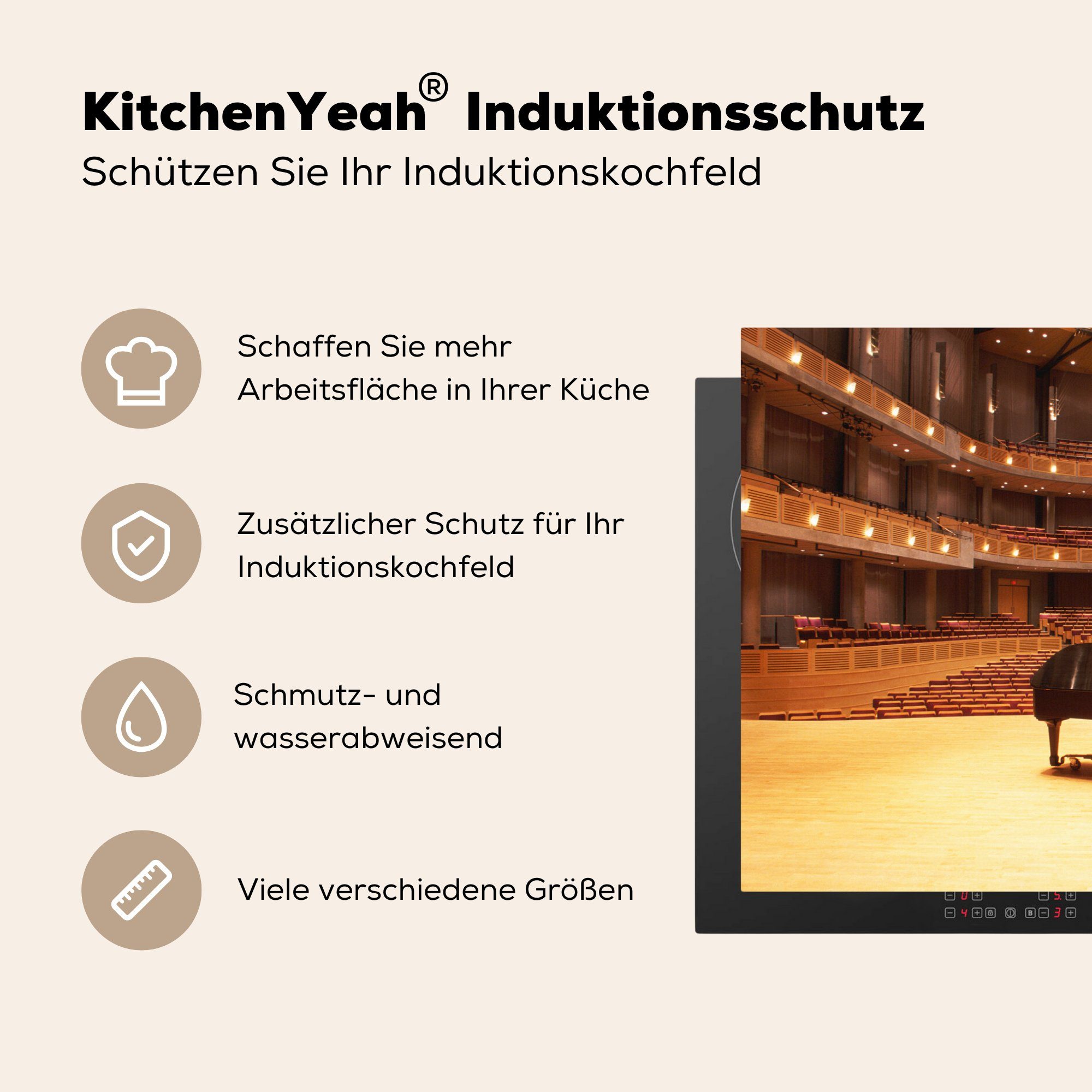 Theaters, Herdblende-/Abdeckplatte Induktionskochfeld (1 küche, die Schutz auf tlg), Ein Bühne eines für MuchoWow Vinyl, Klavier der Ceranfeldabdeckung cm, 81x52