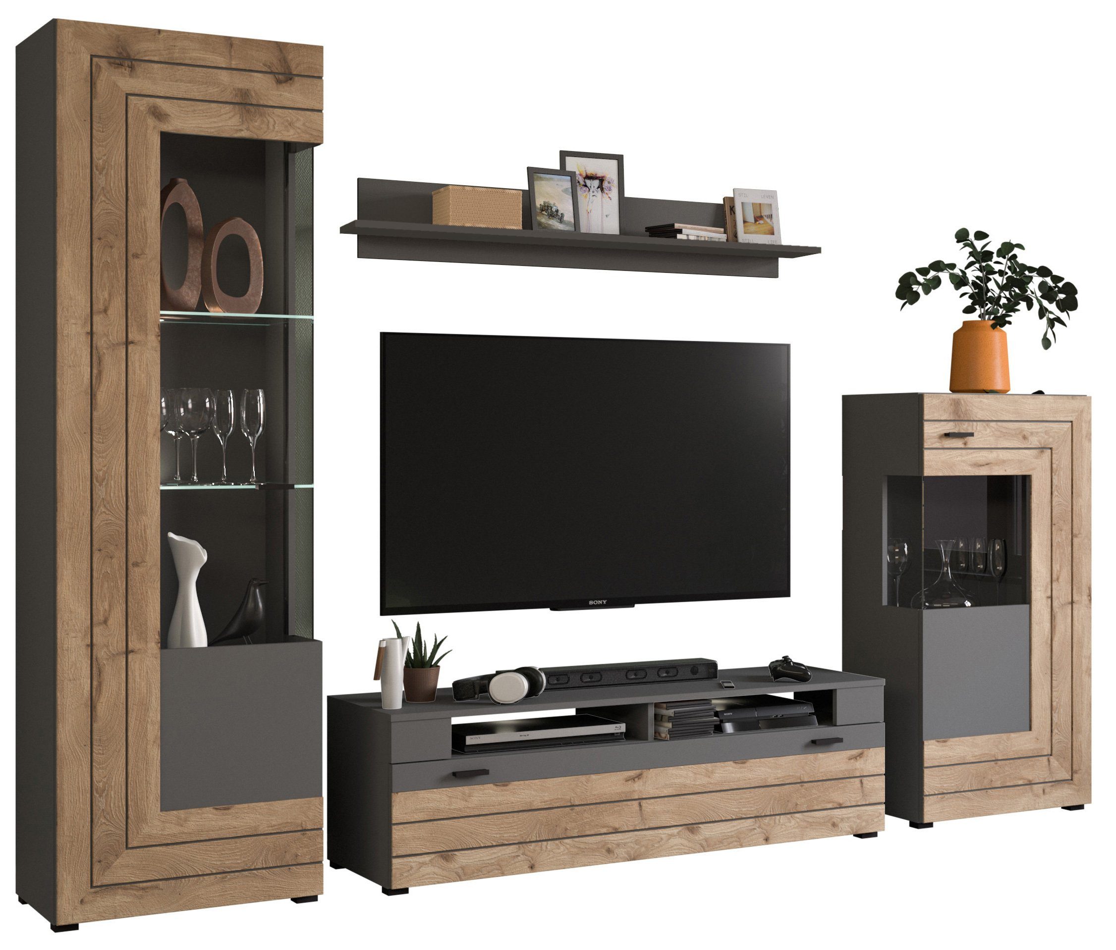 Newroom Wohnwand Octans, Wohnwand Grau Schrankwand Anbauwand Industrial Modern Wohnzimmer Sc...