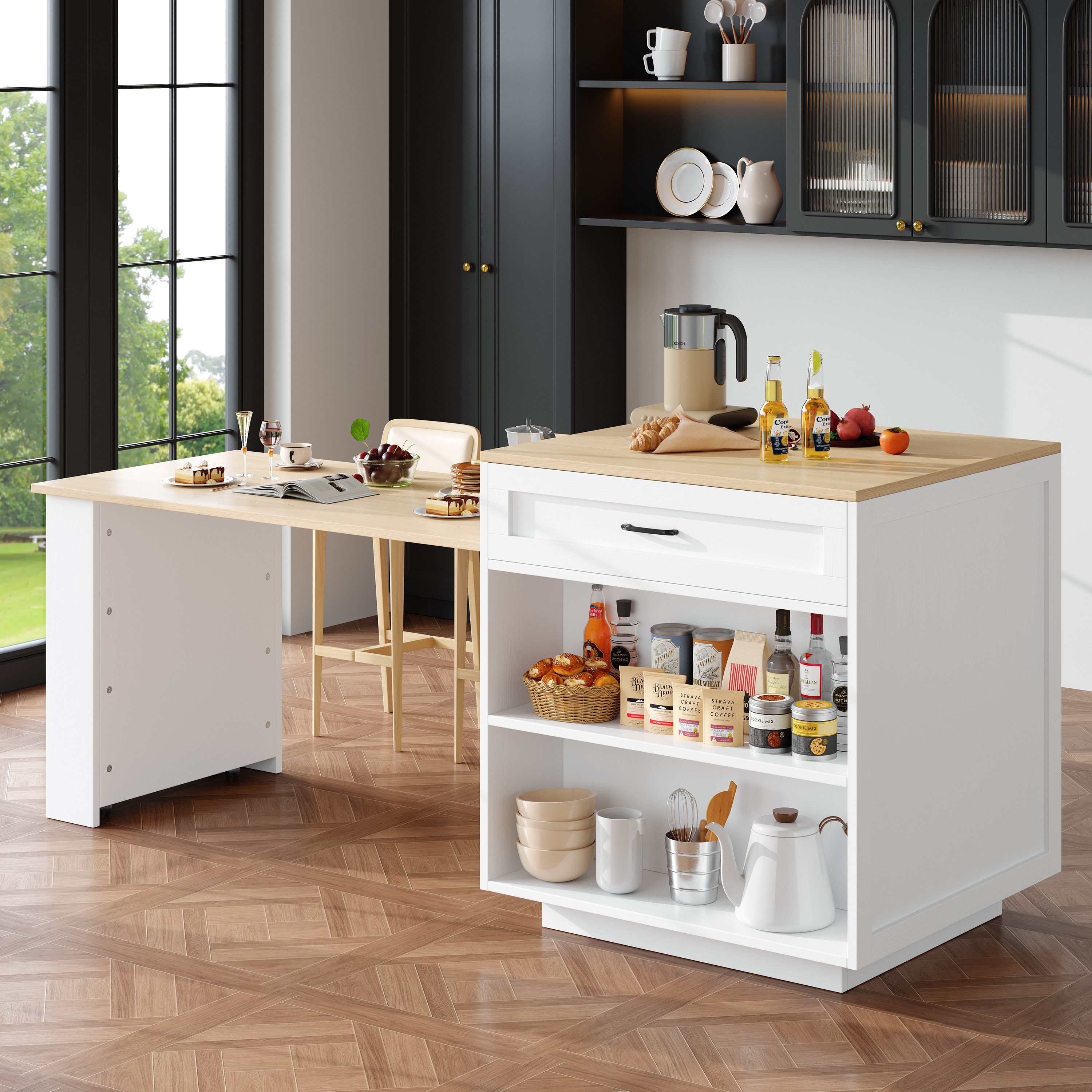 STILVORA Sideboard ausziehbar,Bartisch mit stauraum,Küchentisch mit Schubladen,Sideboard (Ausziehbarer Bartisch mit Stauraum (133-202 cm) – Erweiterbarer Küchentisch mit Schubladen, Gewürzregal & Ablagen)