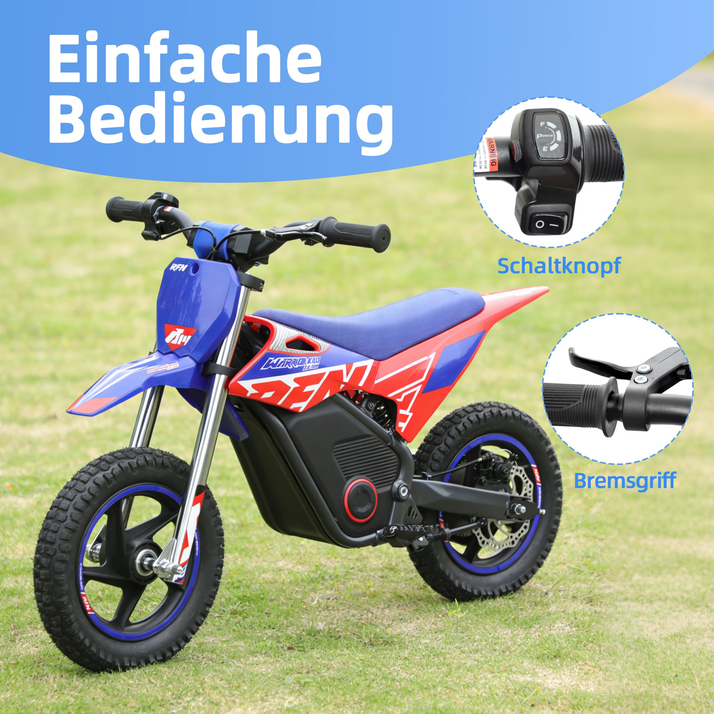 Vankel Elektro-Kindermotorrad SX-E150 150W 12 Zoll E-Motorrad für Kinder 3-6 Jahre 24V Akku, Belastbarkeit 50 kg, 2 Fahrstufen, Bis 13 km/h, Offroad-Reifen
