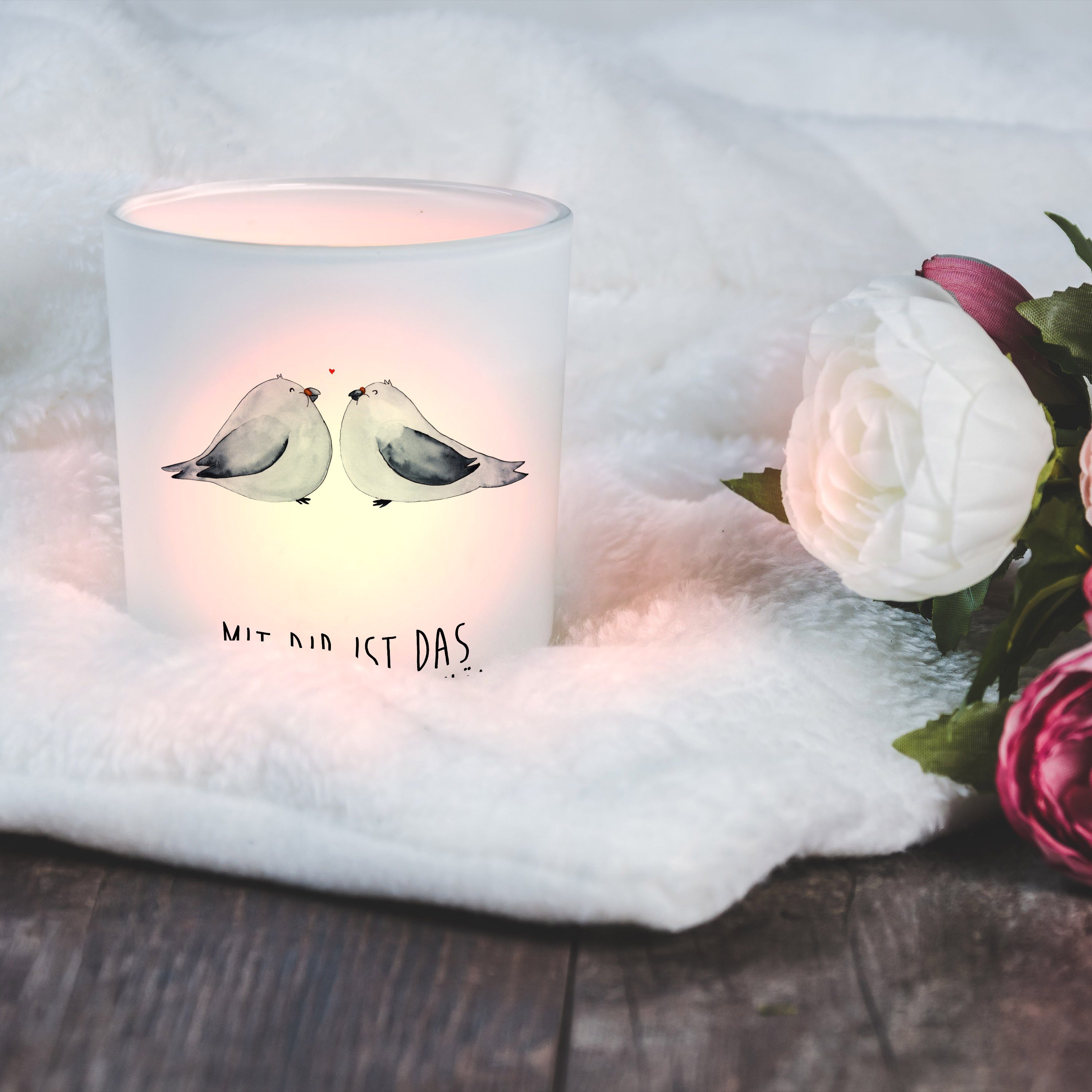Mr. & Mrs. Panda - (1 Geschenk, Lieb Liebe Transparent Teelichtglas, große Turteltauben Windlicht St) 