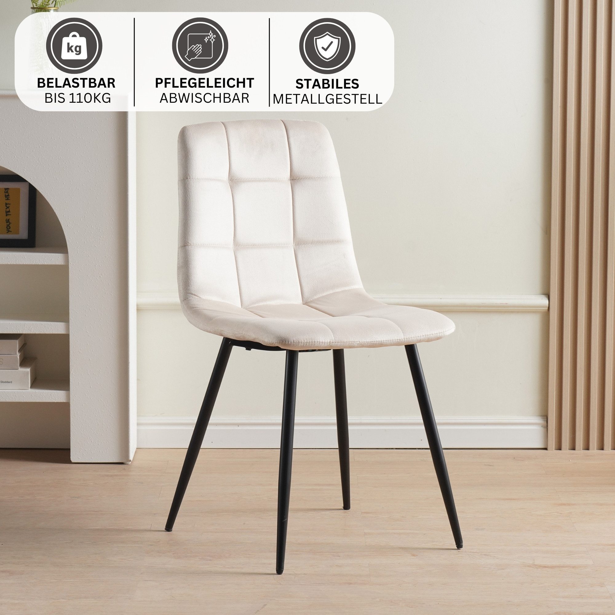 Albatros International Esszimmerstuhl Esszimmer Stühle 4 er Set BORA, Stuhl Stühle Esszimmerstühle, Küche (4er Set, Beige, Samt Bezug), Küchenstuhl Küchenstühle Essstühle für den Esstisch Ess Stühle
