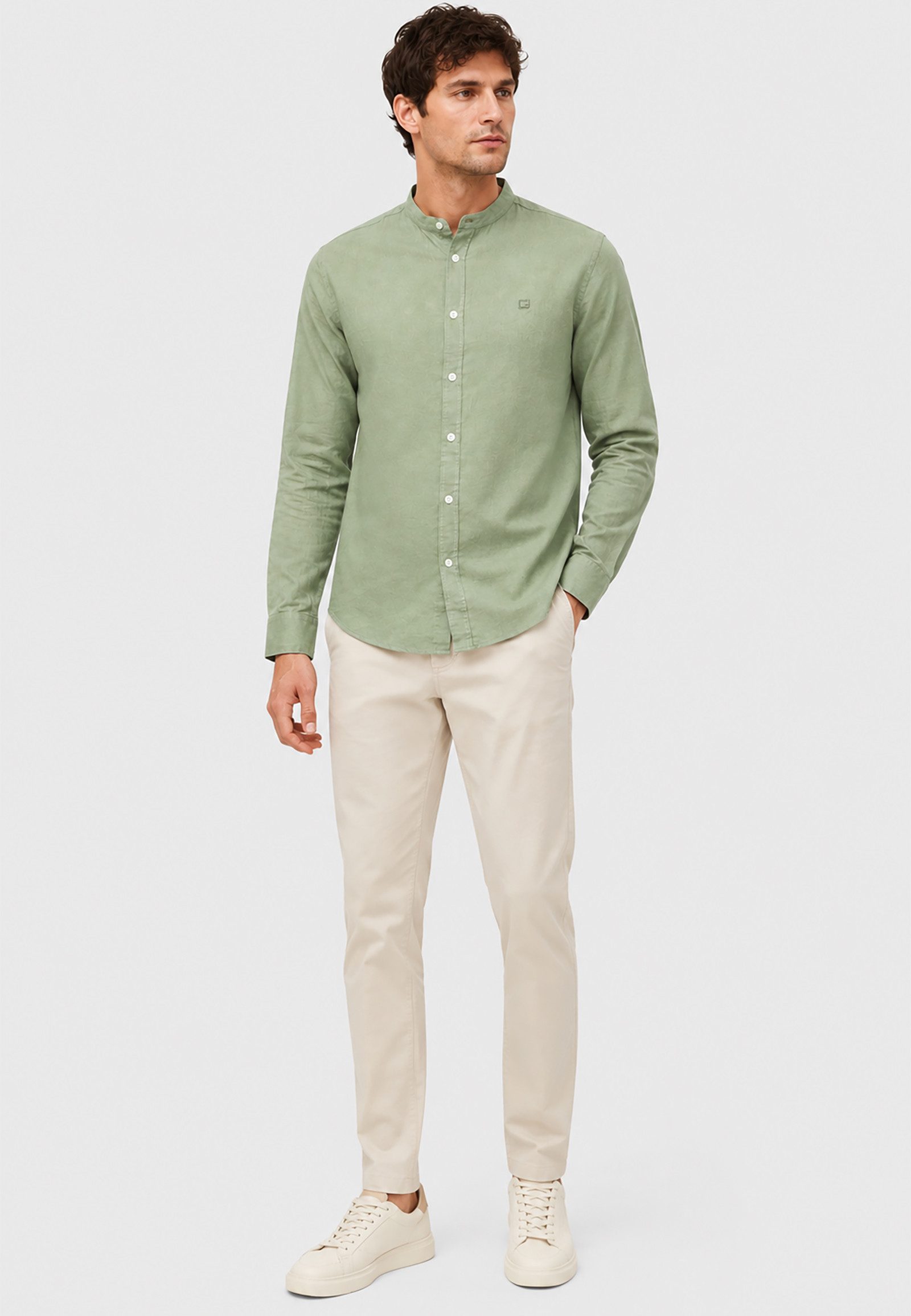 Casual Friday Langarmhemd Leinen Baumwollmix Stehkragen Langarm Knopfleiste LookfürHerren (1-tlg) CFANTON 0053 CC LS LINEN MIX