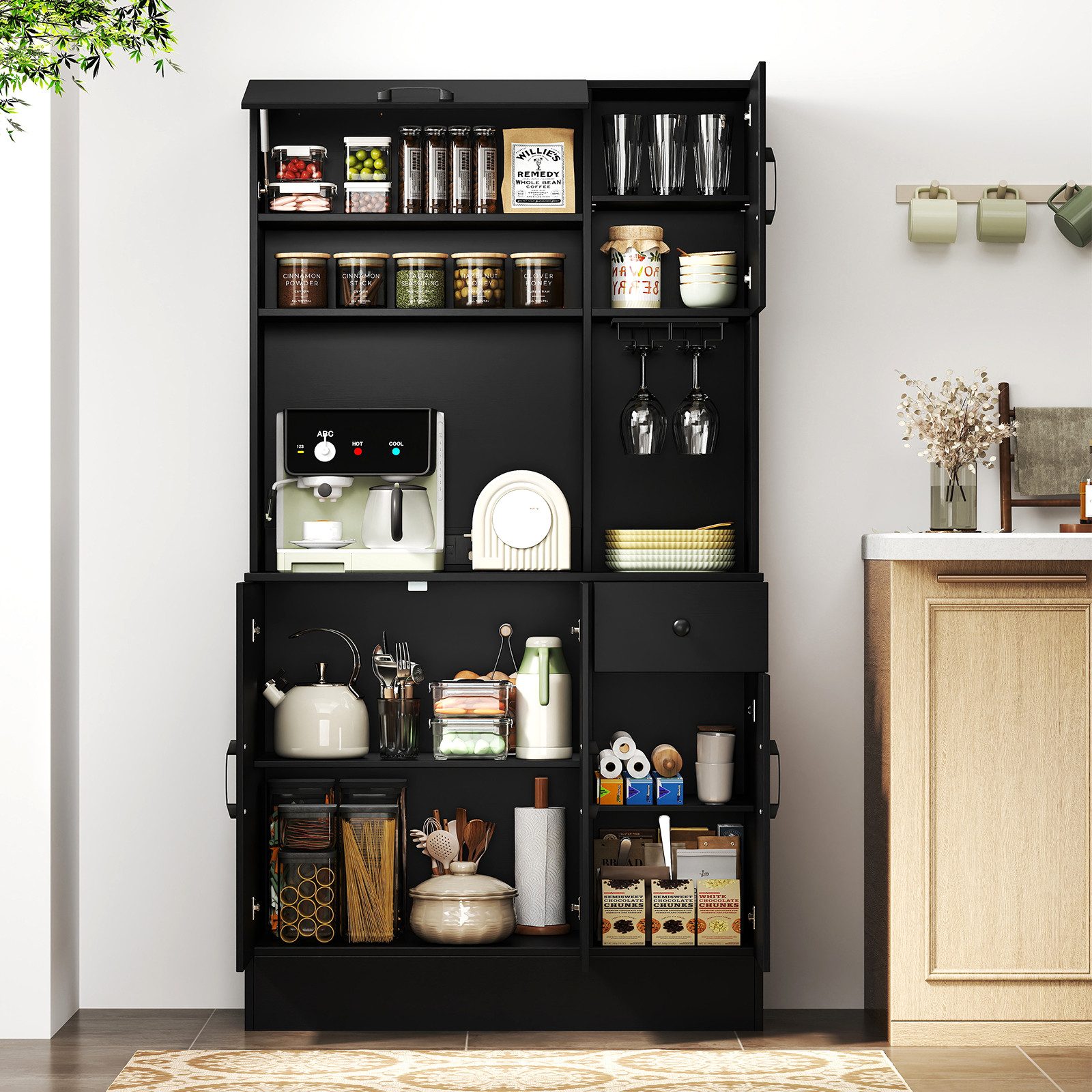 COSTWAY Küchenbuffet Schrank Hoch mit Steckdosen, Arbeitsplatte Braun günstig online kaufen