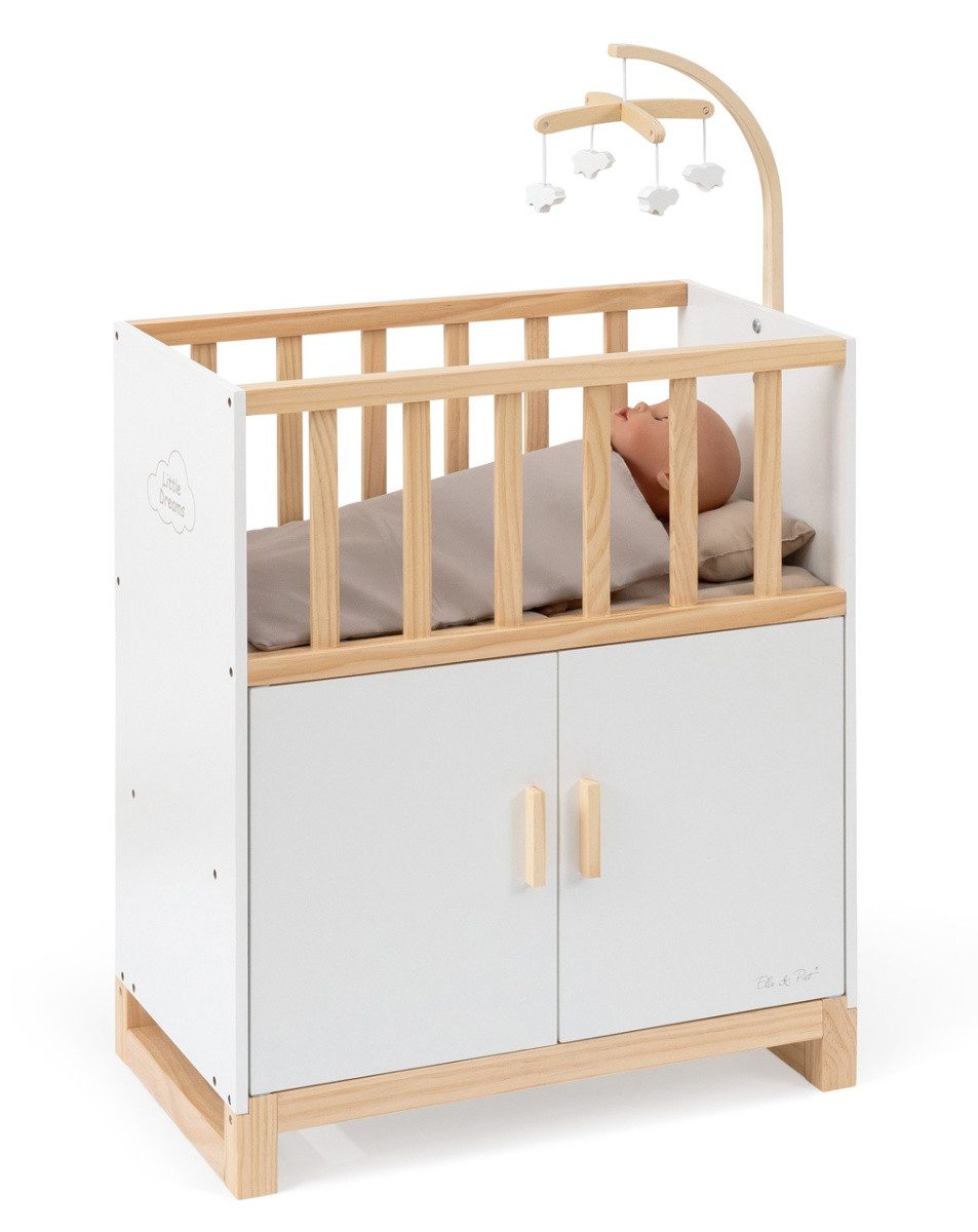 ELLA & PIET® Puppenbett COZY mit Schrank und Mobile aus Holz (Weiß-Schlamm) günstig online kaufen