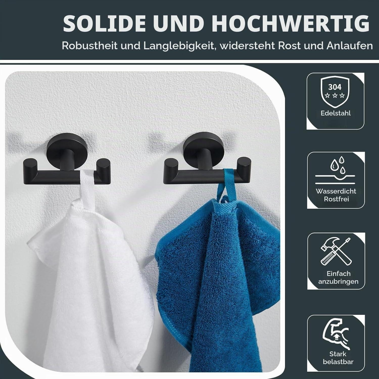 LuxusKollektion Handtuchhaken Handtuchhaken Schwarz SUS304 Edelstahl Doppelhaken, (2-St)