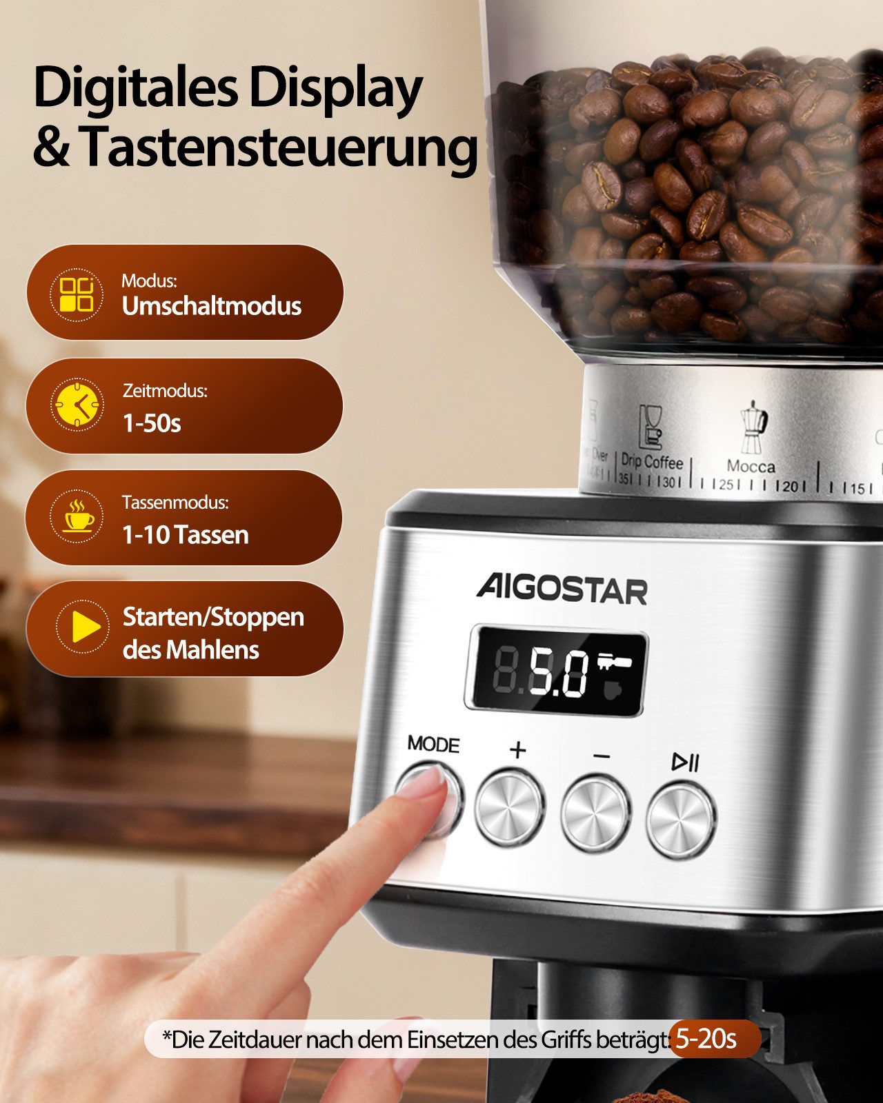 Aigostar Kaffeemühle Professionelle Coffee Grinder mit 52 Mahleinstellungen, Kegelmahlwerk, 180,00 W, Kegelmahlwerk, 320,00 g Bohnenbehälter, Geeignet für Espre – Bild 4 von 5