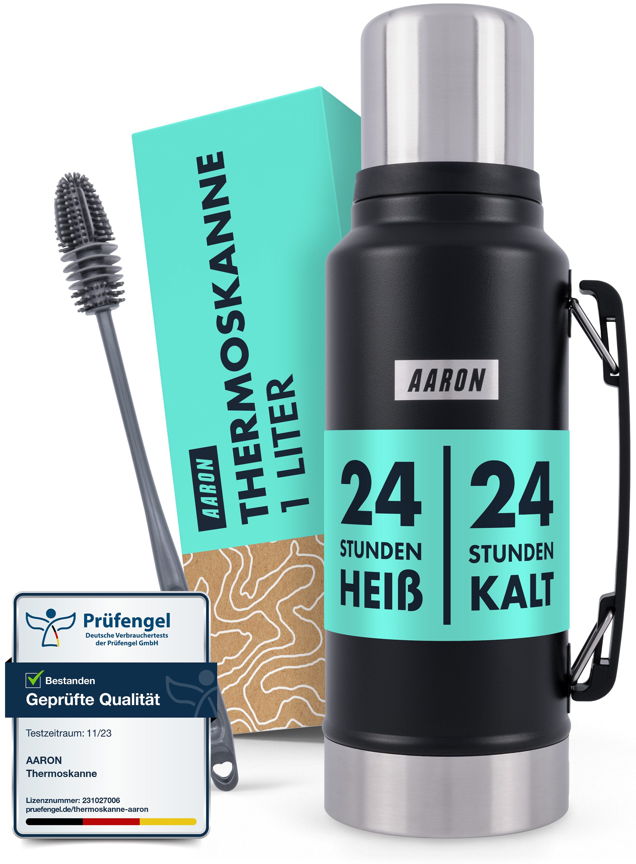 AARON Thermoflasche Flask Thermoskanne - 24h heiß & kalt, Edelstahl, Reise Sport Alltag