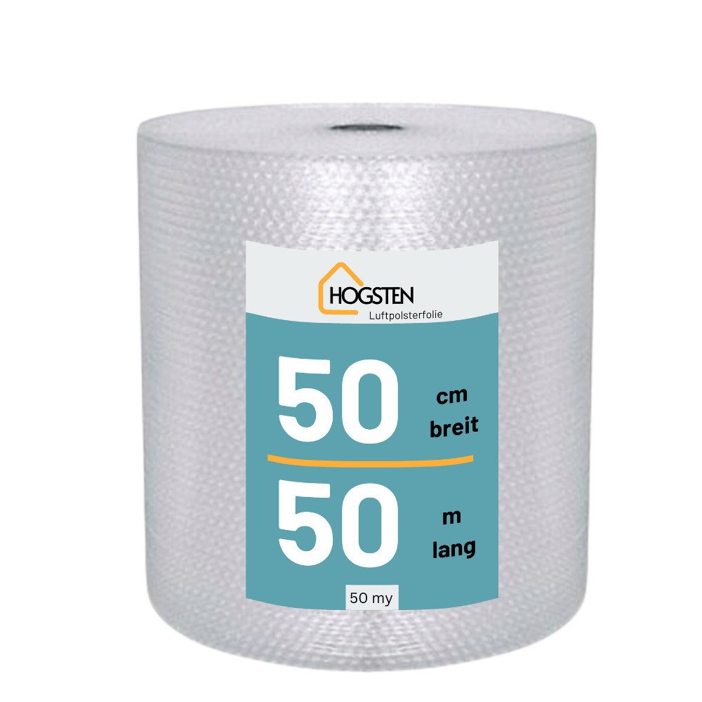 HOGSTEN Schutzfolie Luftpolsterfolie Rolle 50 m Verpackung und Umzug 100% recycelbar, (Polstermaterial Verpackungsmaterial 50my), Noppenfolie für Versand Bubble Wrap