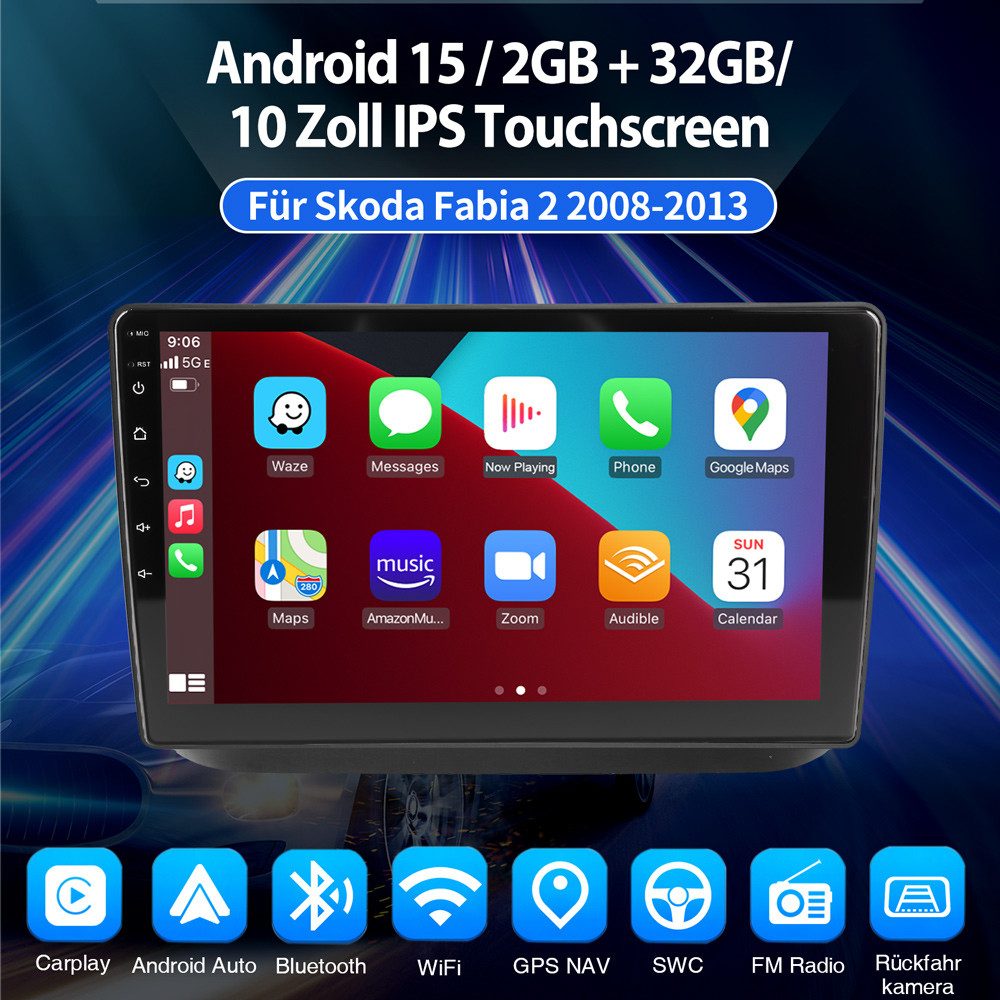 ESSGOO Für Skoda Fabia II 2008-2013 Carplay Android 15 Bluetooth Autoradio (RDS, 4+64GB optional, FM, AM, 2 DIN Carplay Android Auto Bluetooth WIFI SWC Navigationsgeräte)