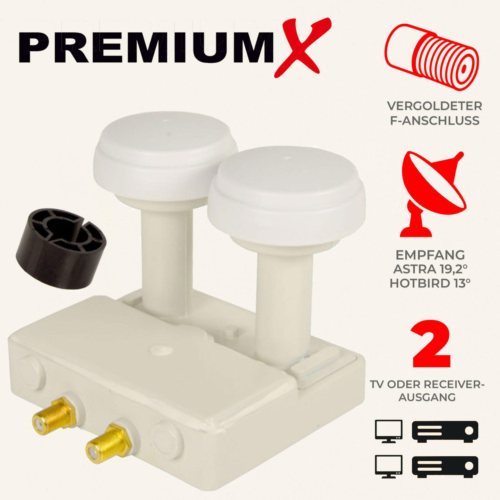 Thumbnail - PremiumX Monoblock Twin PXMB-6TW LNB WE 0,1dB Astra 19,2° Hotbird 13° Monoblock-LNB