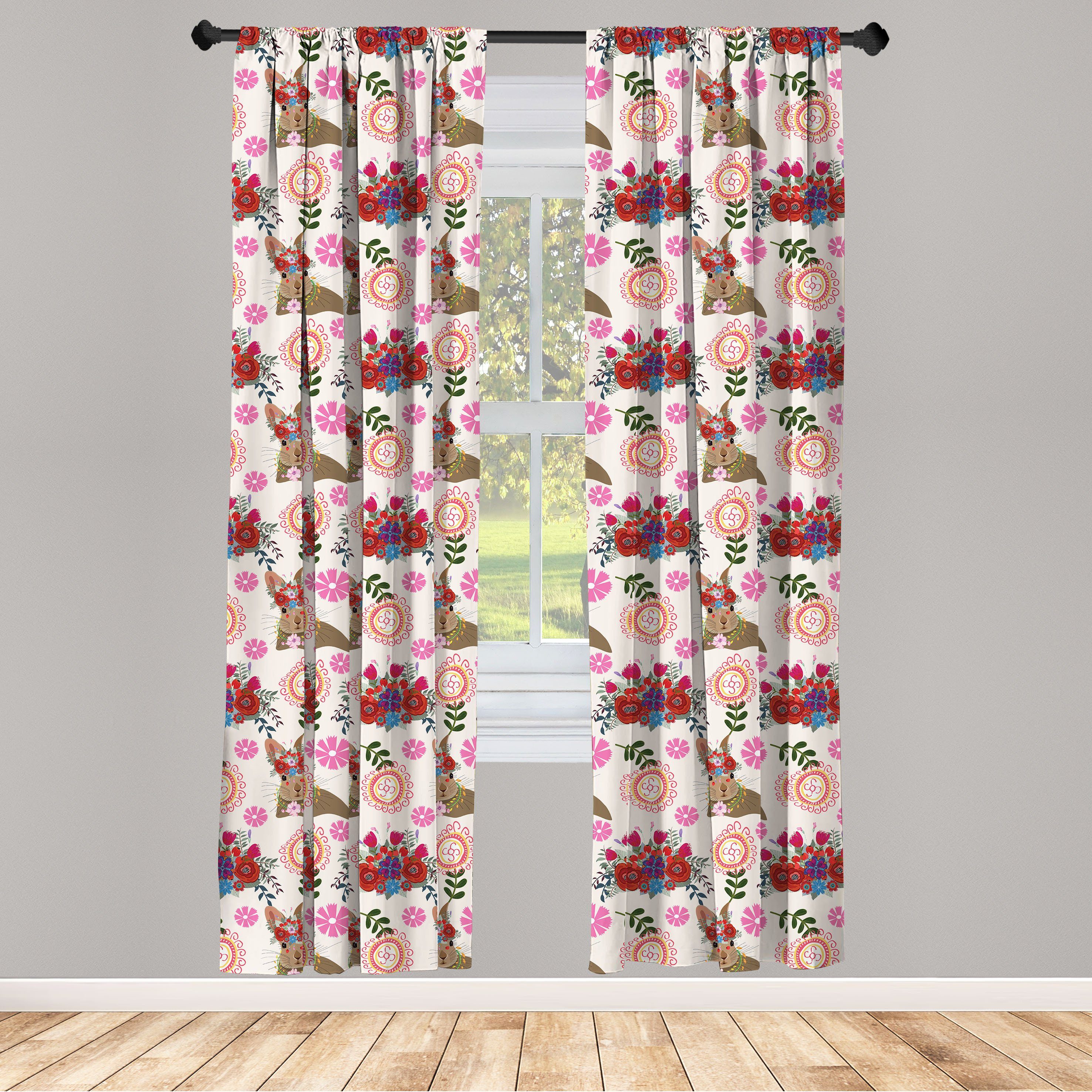 Gardine Vorhang für Wohnzimmer Schlafzimmer Dekor, Abakuhaus, Microfaser, Blumen Hase mit Blumenkopfschmuck