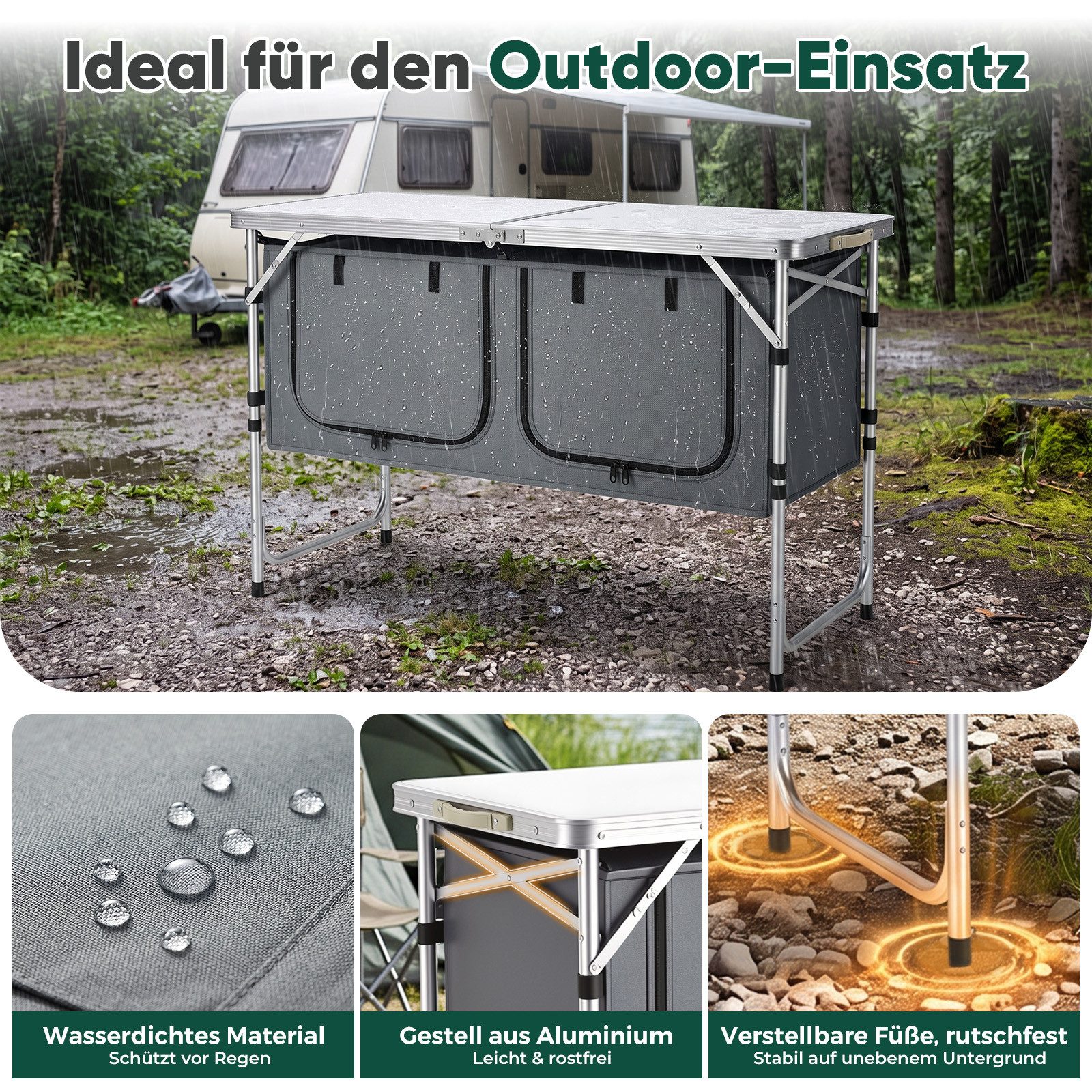 Sekey Campingtisch 120 cm Faltbar Campingtisch Höhenverstellbar Campingschrank Klappbar, Outdoor Campingküche mit Stauraum, inkl.Tragetasche 120 x 47 x 54–70cm – Bild 4 von 5