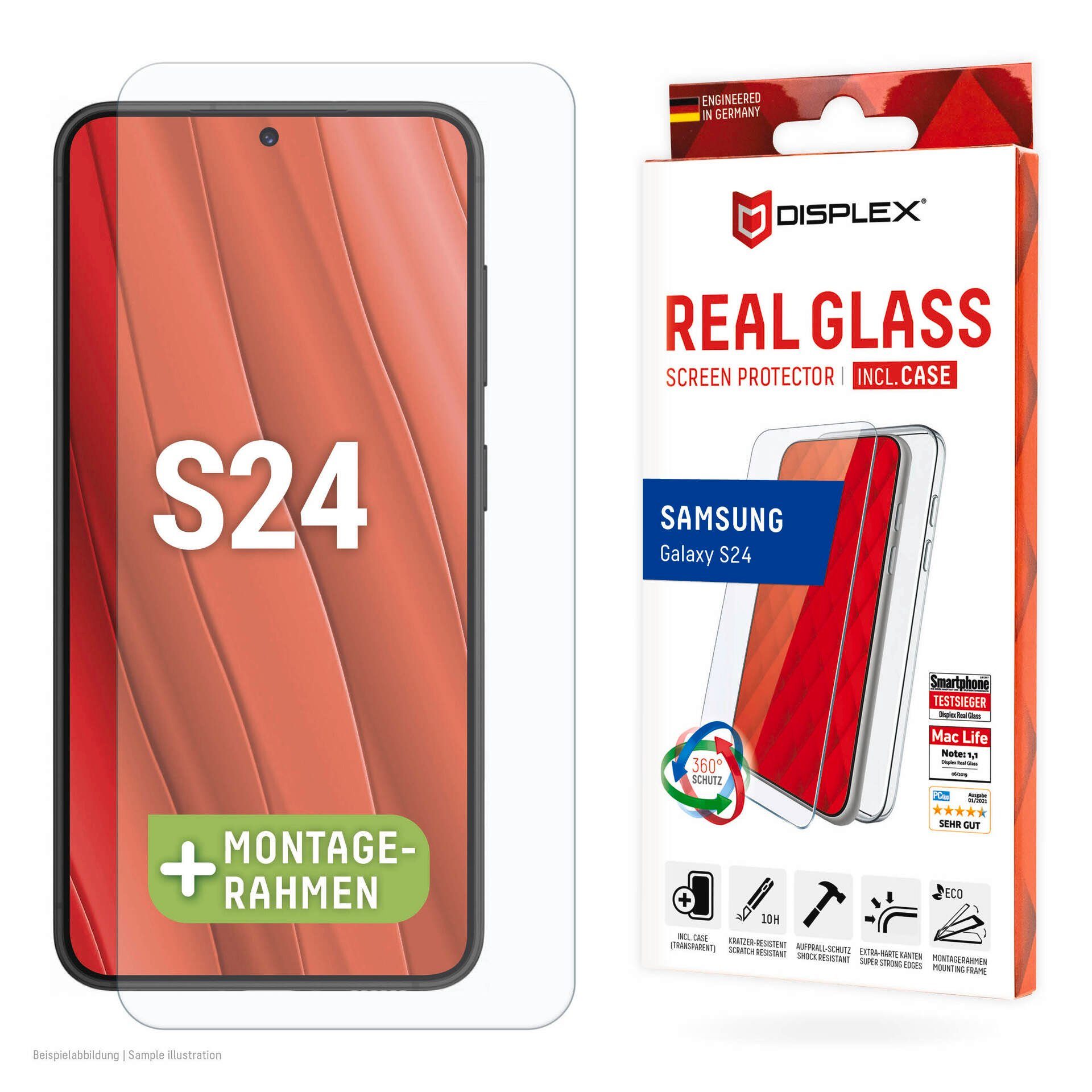 Displex Real Glass + Case für Samsung Galaxy S24, Displayschutzglas, Displayschutzfolie Displayschutz Rundumschutz 360 Grad splitterfest