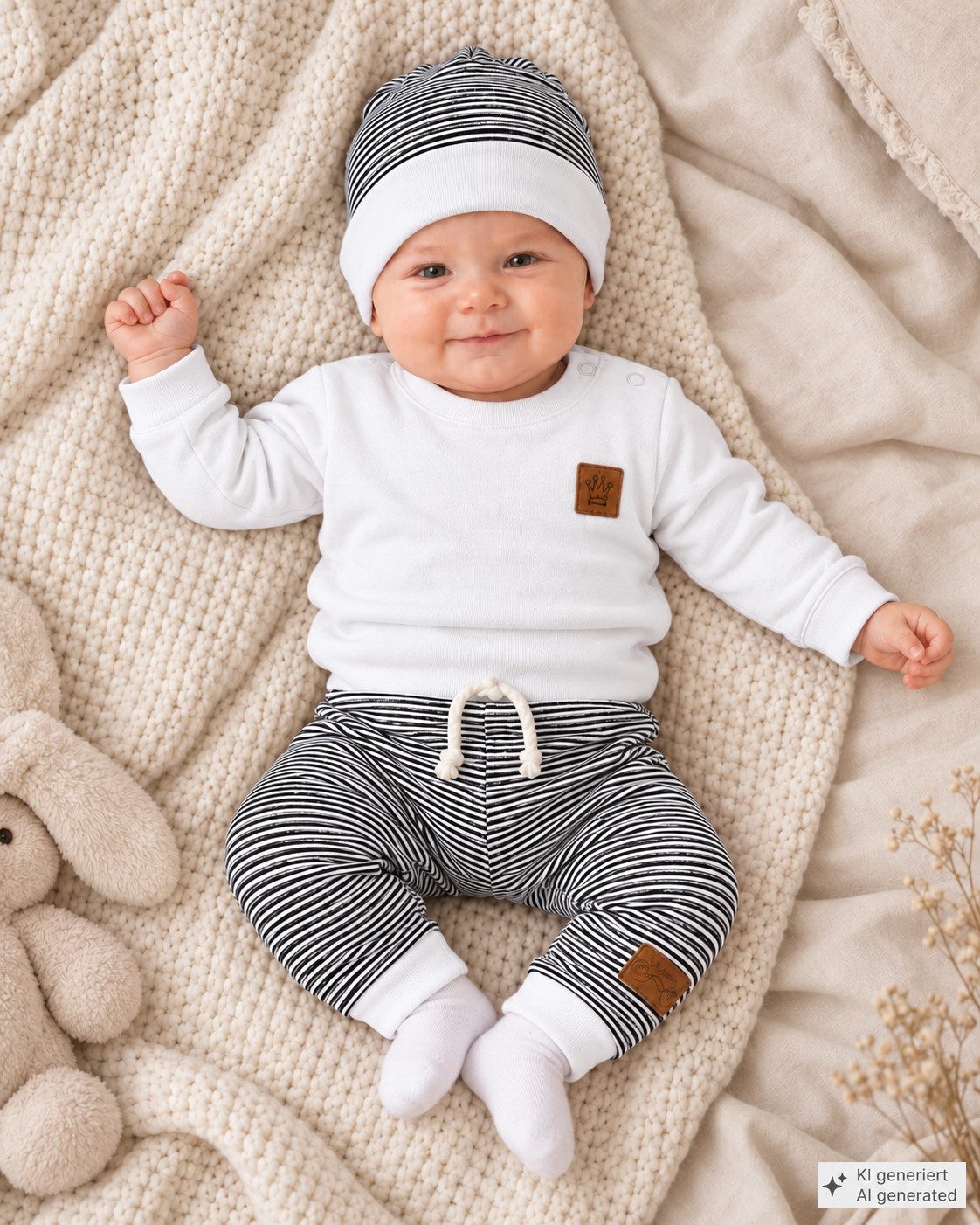 La Bortini Erstausstattungspaket Baby Anzug Langarmshirt Hose Mütze Socken neutral in braun (4-teilig, weich, für Jungen und Mädchen, Erstlingsset für Neugeborene, Shirt, Mitwachshose, Haube, Strümpfe) unisex, gestreift, 44 50 56 62 68 74 80