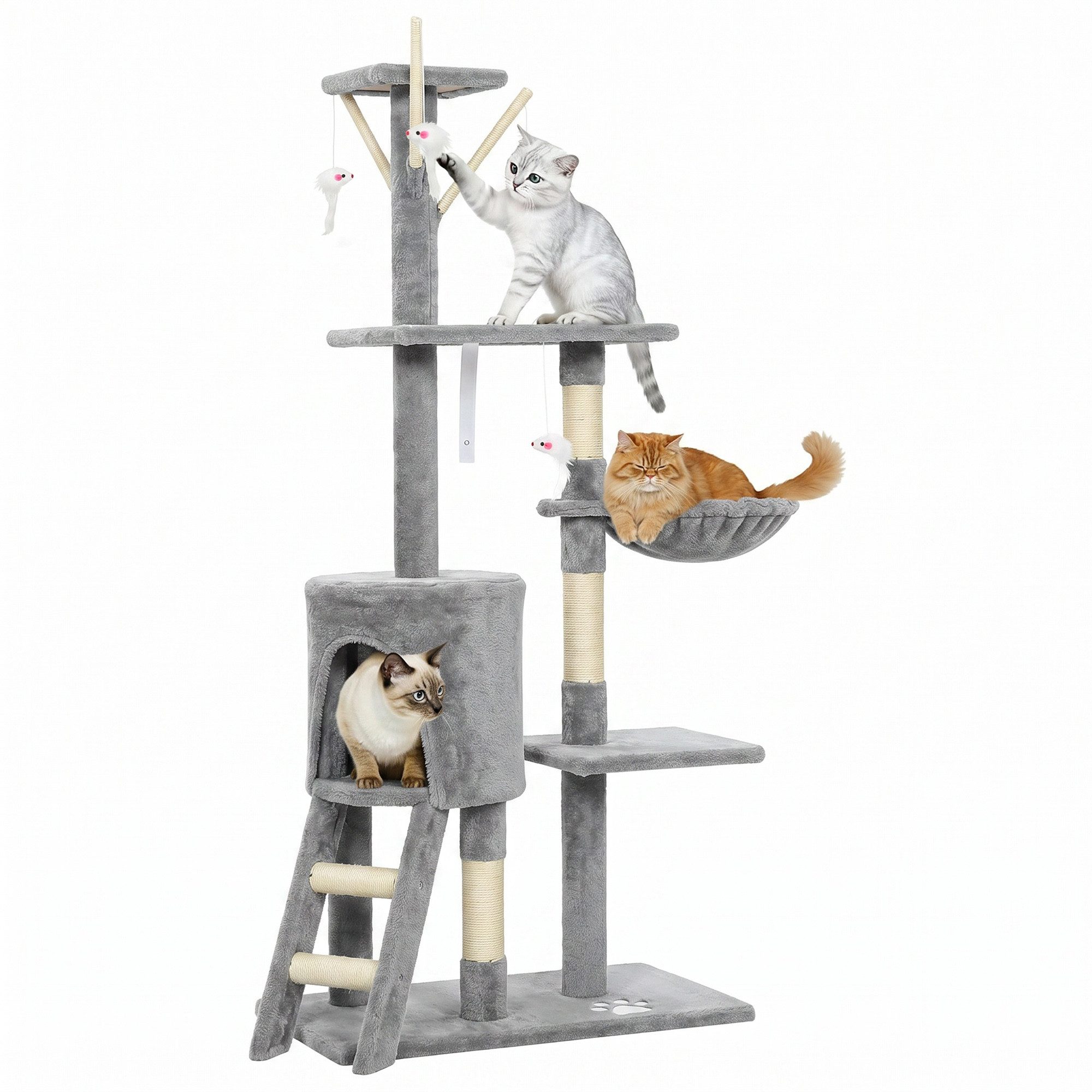 PawHut Kratzbaum Katzenbaum mit Höhle, Sisalstämme, große Plattform, Kratzbaum, für Katzen bis 5 kg, Grau
