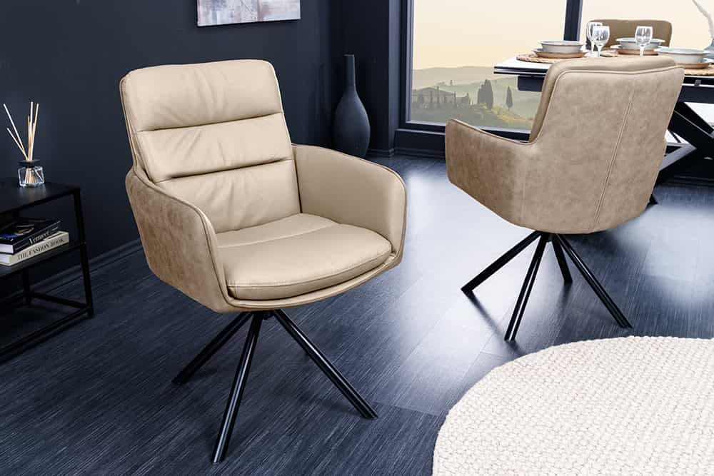 LebensWohnArt Stuhl Bequemer Drehstuhl CHARLES III beige Echtleder sand Mikrofaser